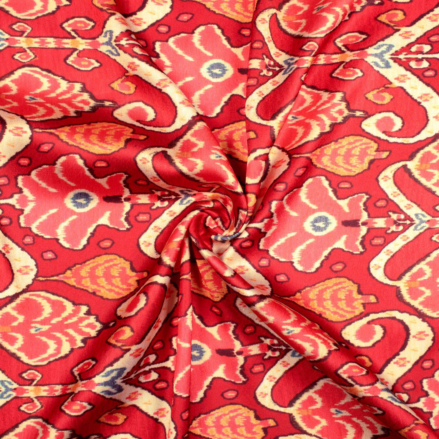 Vermilion Red And Cream Ethnic Pattern Digital Print Japan Satin Fabric - Fabcurate