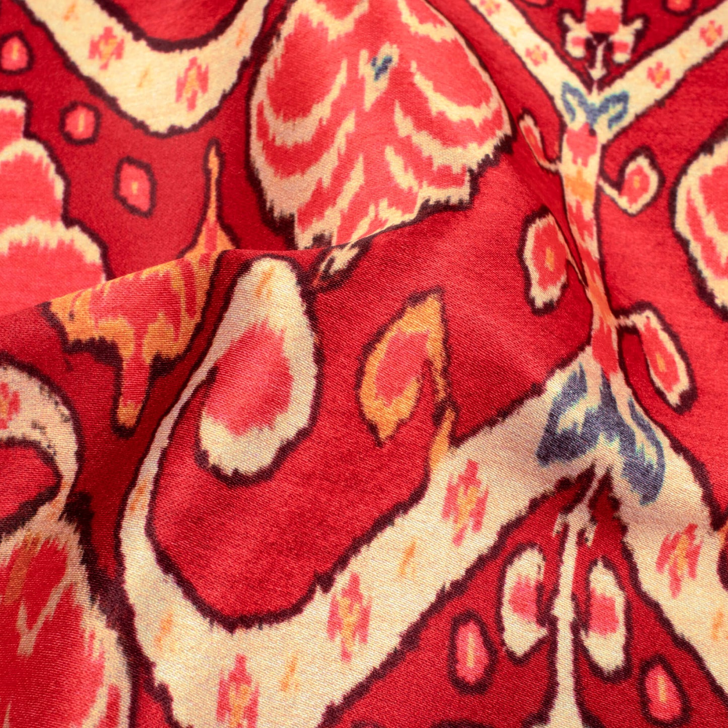 Vermilion Red And Cream Ethnic Pattern Digital Print Japan Satin Fabric - Fabcurate