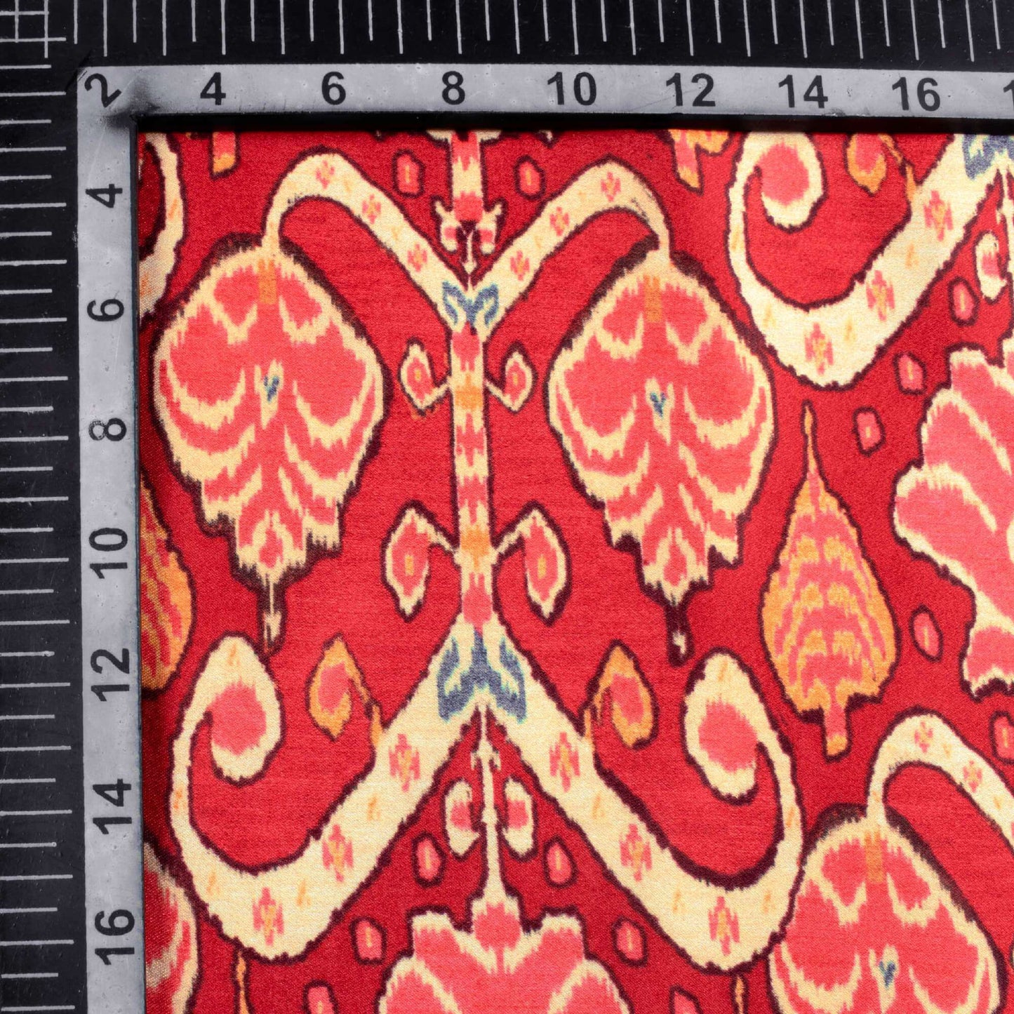 Vermilion Red And Cream Ethnic Pattern Digital Print Japan Satin Fabric - Fabcurate