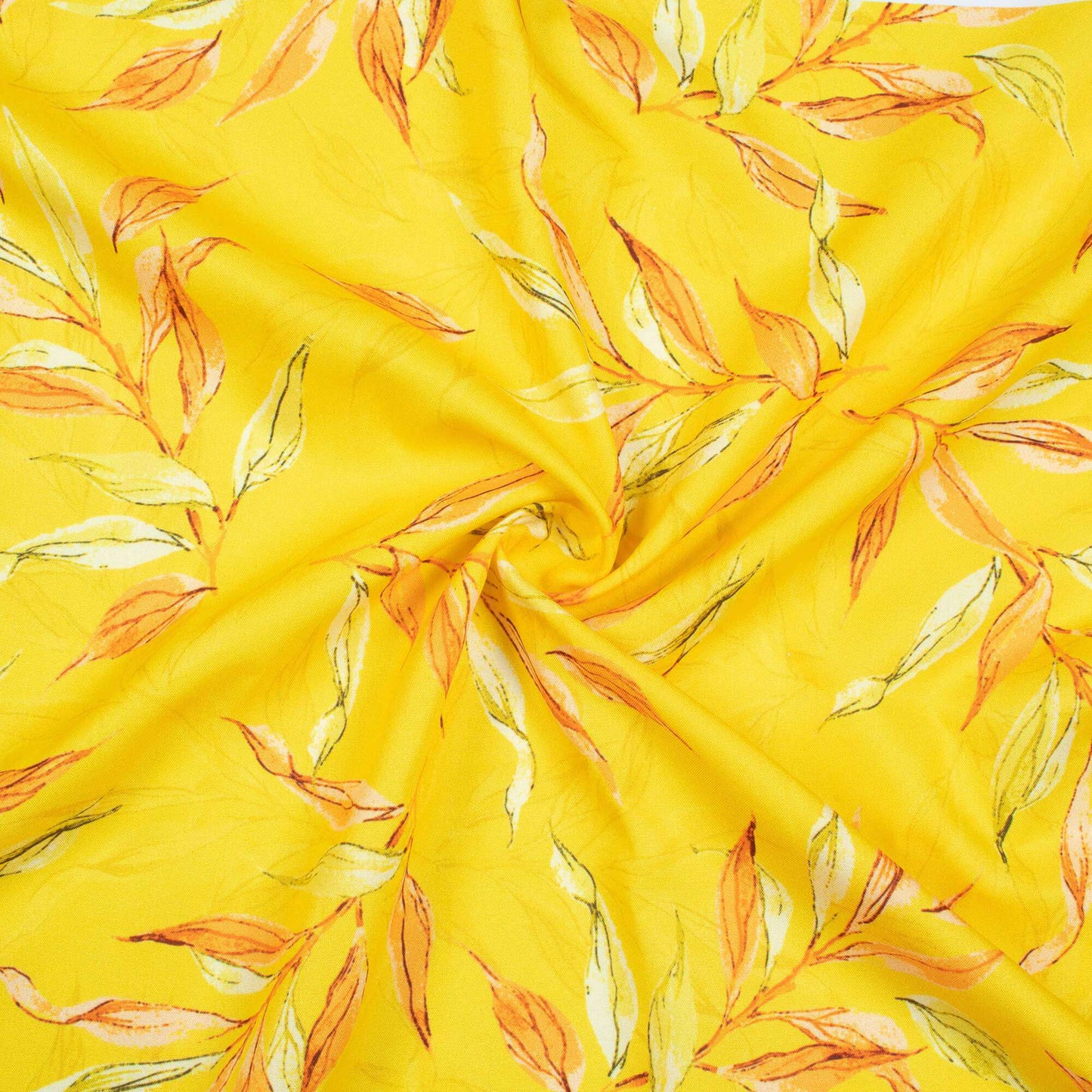 Bright Yellow And Salmon Orange Leaf Pattern Digital Print Ultra Premium Butter Crepe Fabric - Fabcurate