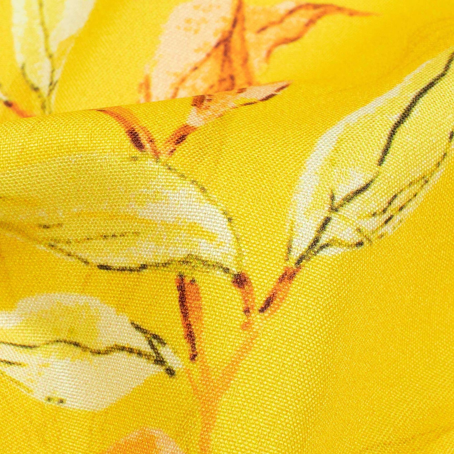 Bright Yellow And Salmon Orange Leaf Pattern Digital Print Ultra Premium Butter Crepe Fabric - Fabcurate