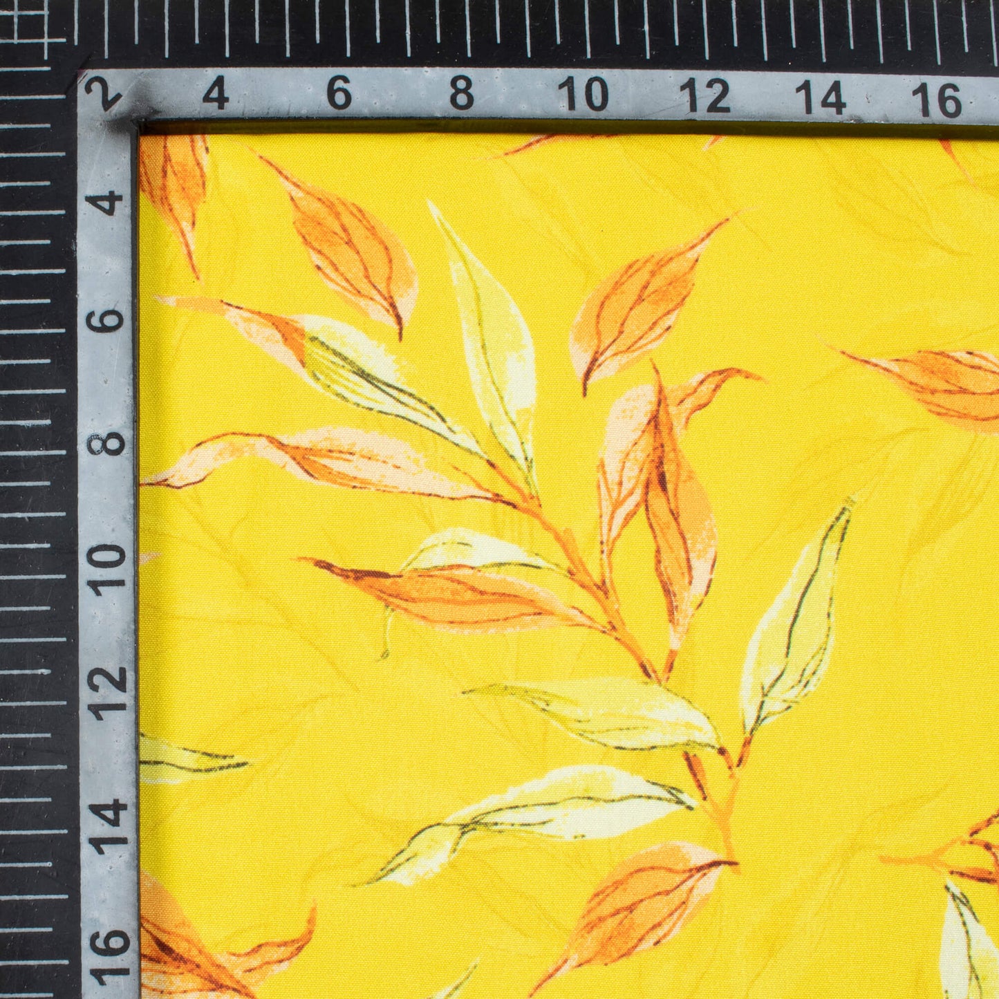 Bright Yellow And Salmon Orange Leaf Pattern Digital Print Ultra Premium Butter Crepe Fabric - Fabcurate