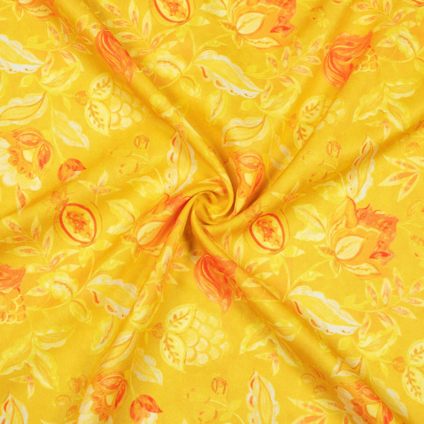 Tuscany Yellow And Salmon Pink Floral Pattern Digital Print Ultra Premium Butter Crepe Fabric - Fabcurate