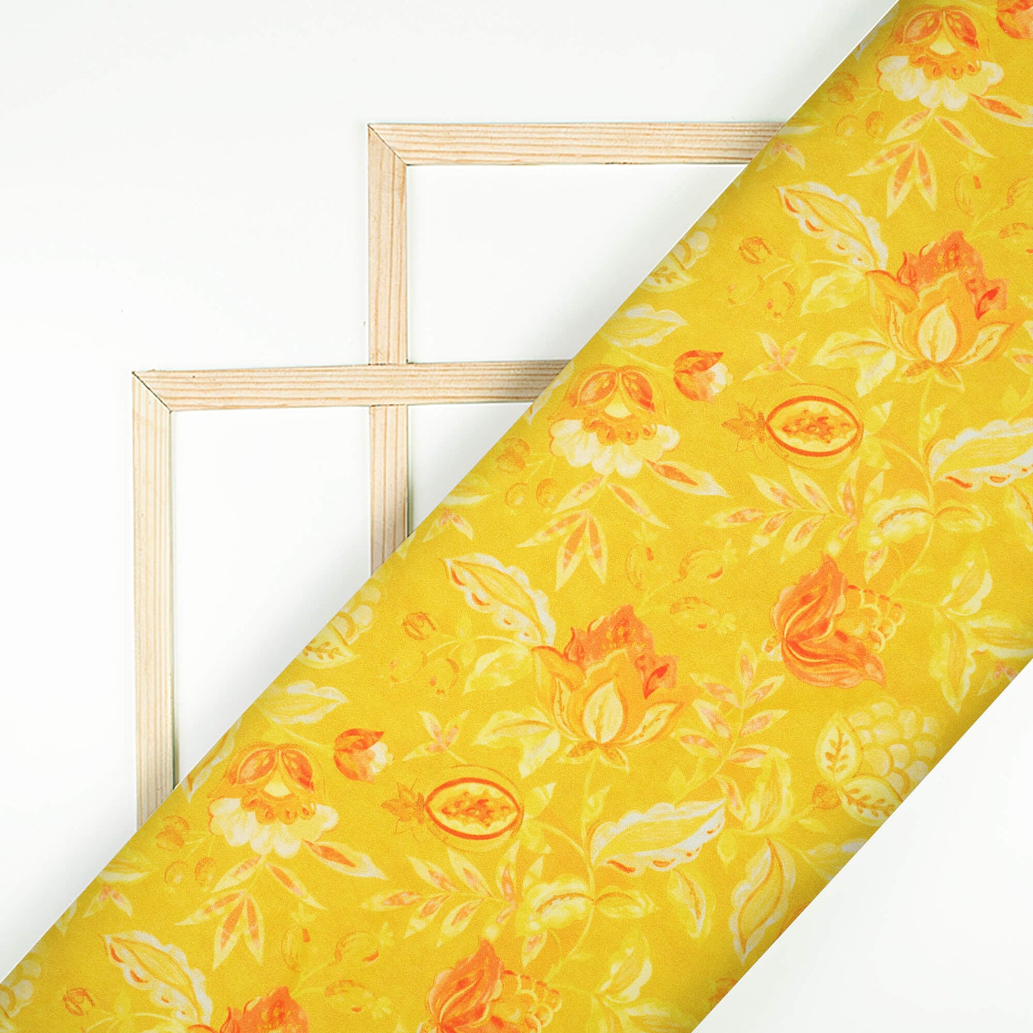 Tuscany Yellow And Salmon Pink Floral Pattern Digital Print Ultra Premium Butter Crepe Fabric - Fabcurate