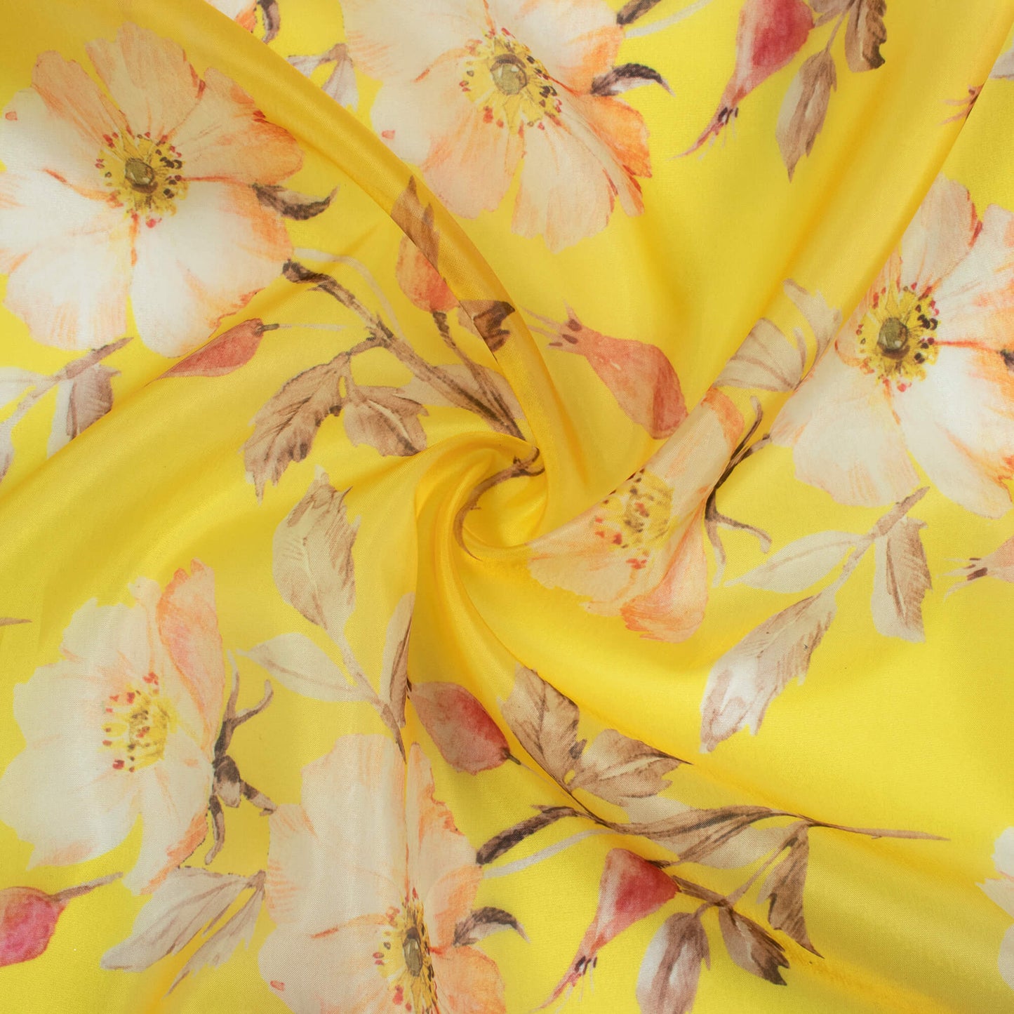 Bumblebee Yellow And Light Orange Floral Pattern Digital Print Premium Liquid Organza Fabric - Fabcurate