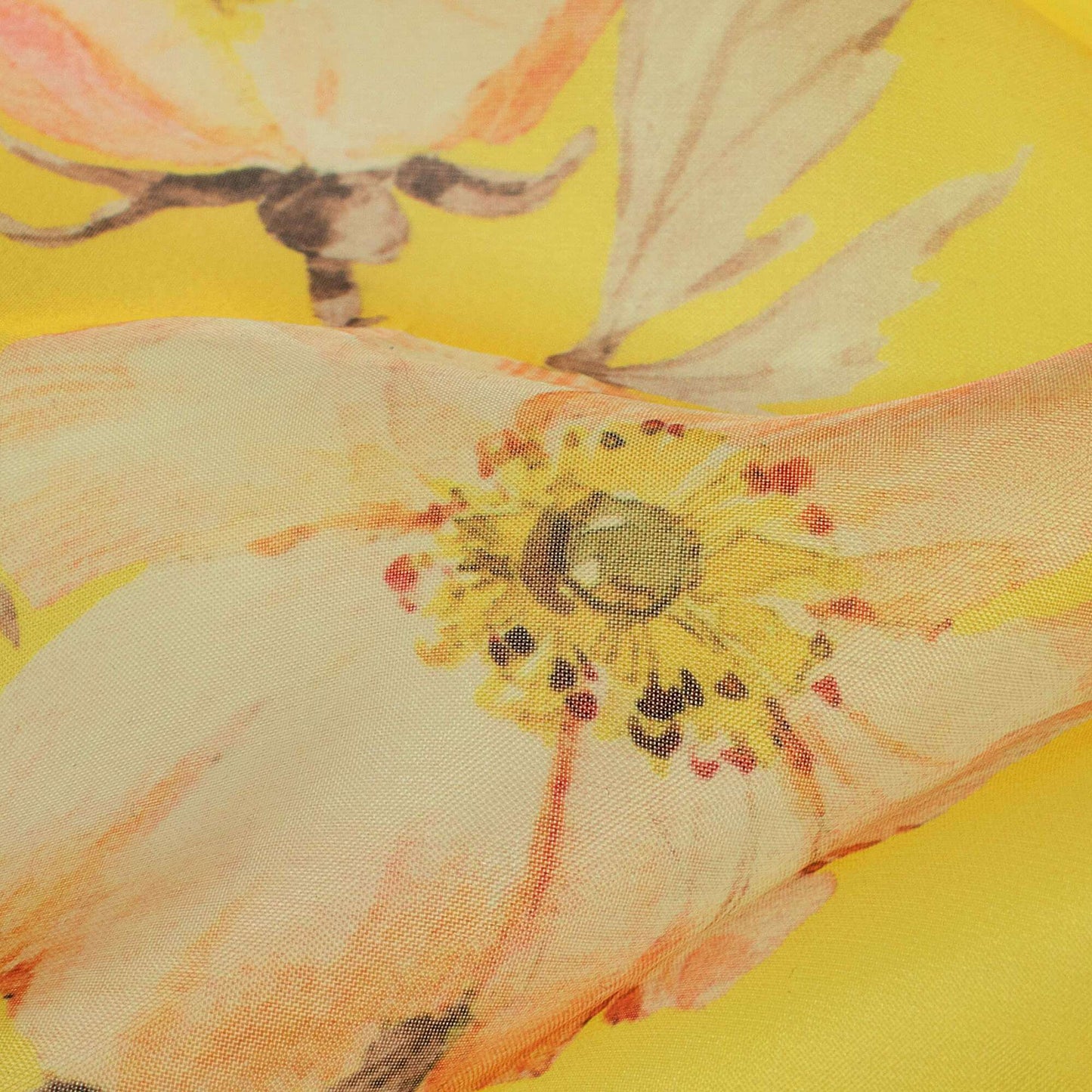 Bumblebee Yellow And Light Orange Floral Pattern Digital Print Premium Liquid Organza Fabric - Fabcurate