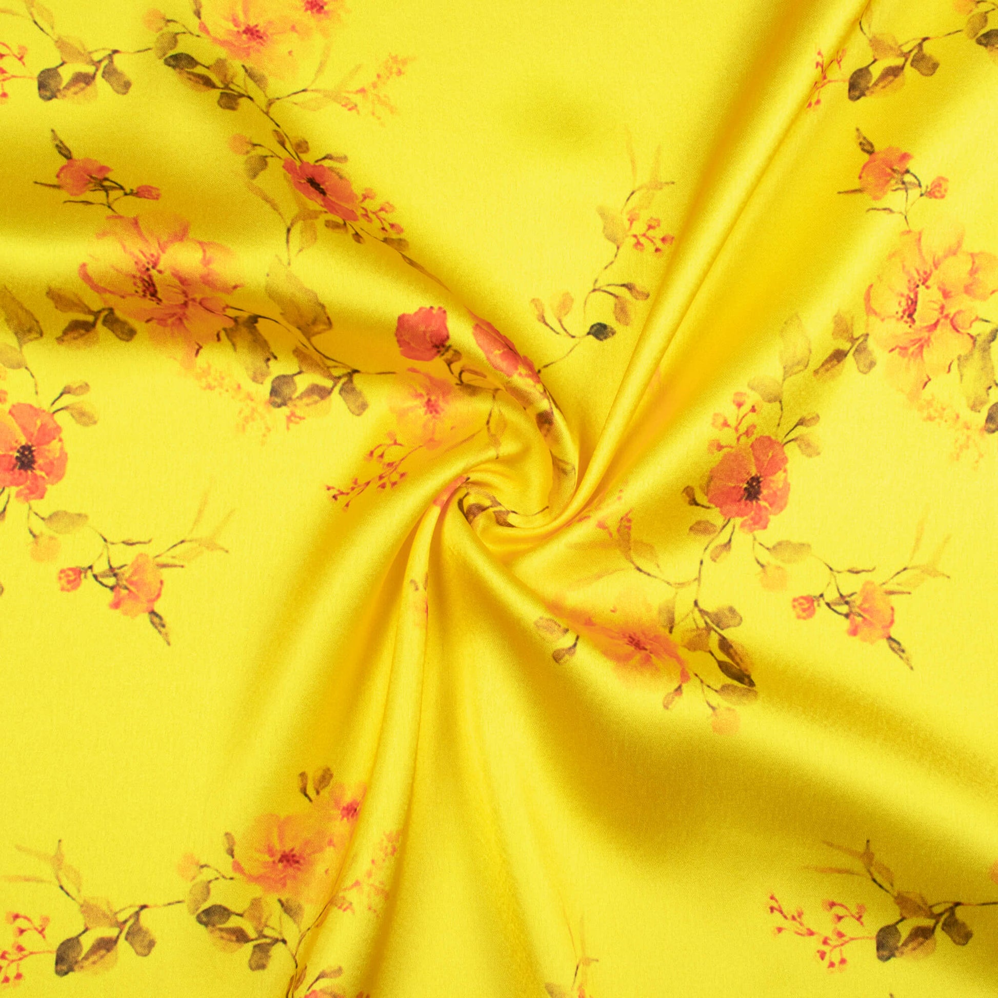 Bumblebee Yellow And Pink Floral Pattern Digital Print Japan Satin Fabric - Fabcurate