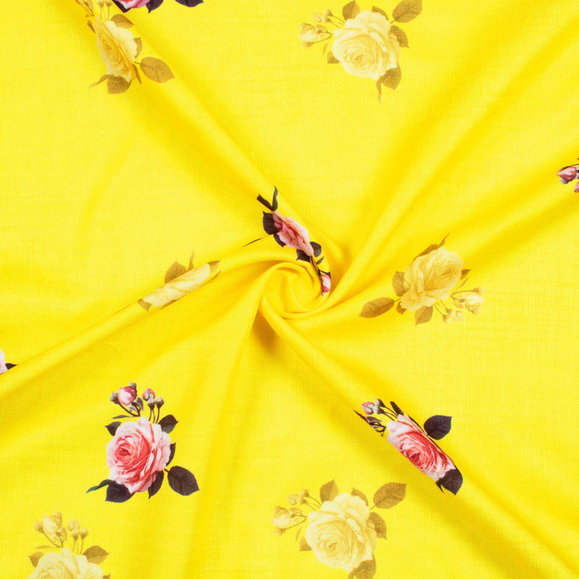 Sunshine Yellow And Taffy Pink Floral Pattern Digital Print Ultra Premium Butter Crepe Fabric - Fabcurate