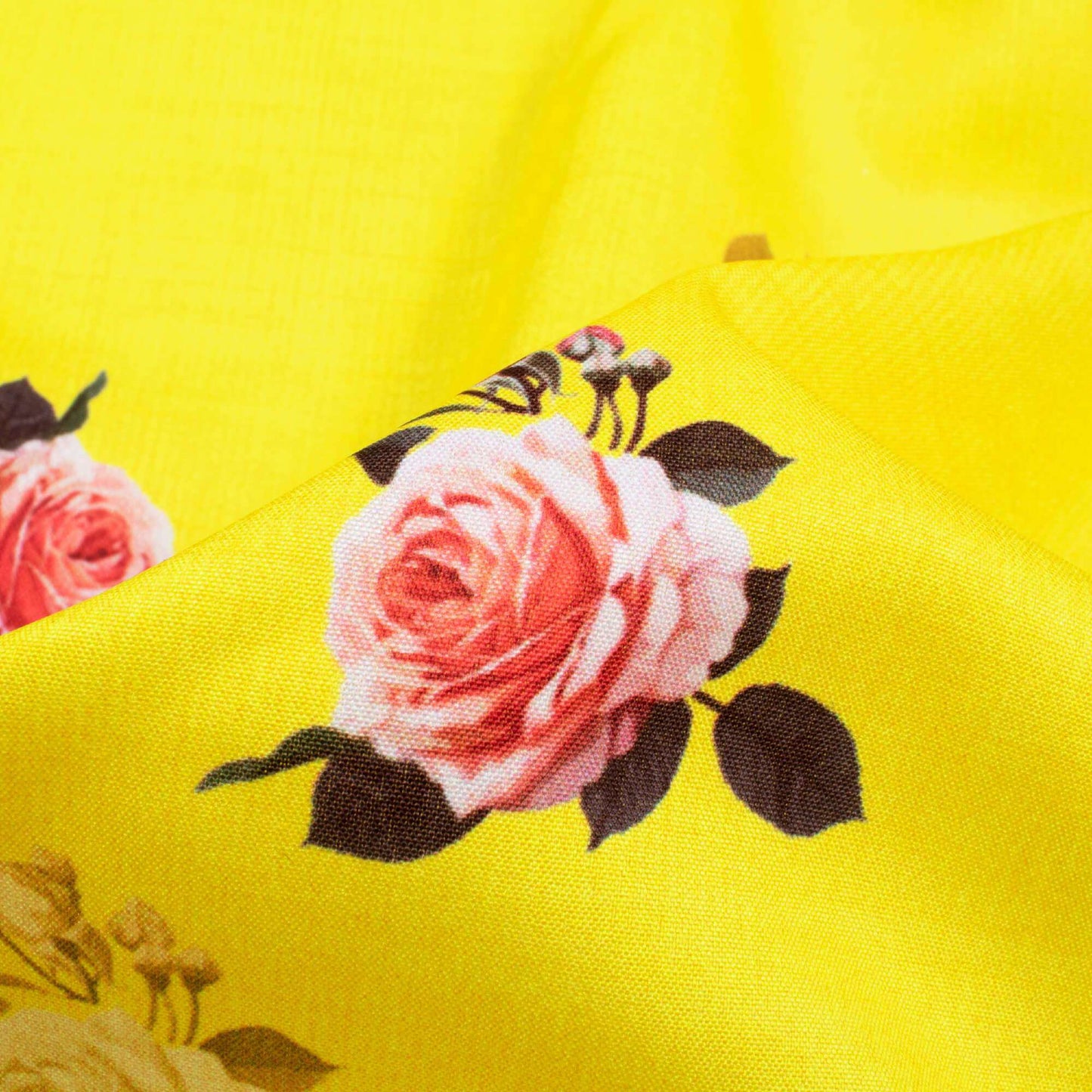 Sunshine Yellow And Taffy Pink Floral Pattern Digital Print Ultra Premium Butter Crepe Fabric - Fabcurate