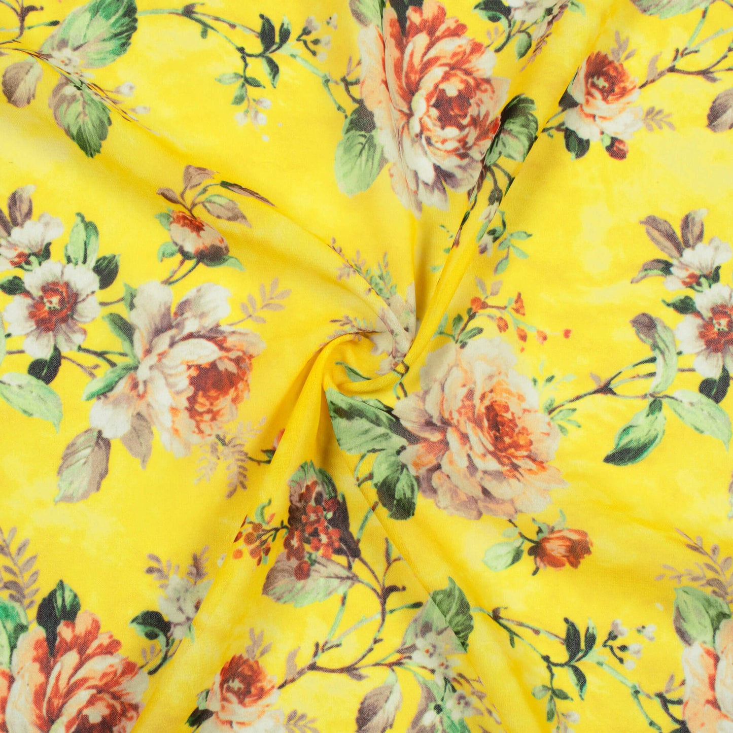 Bright Yellow And Green Floral Pattern Digital Print Georgette Fabric - Fabcurate