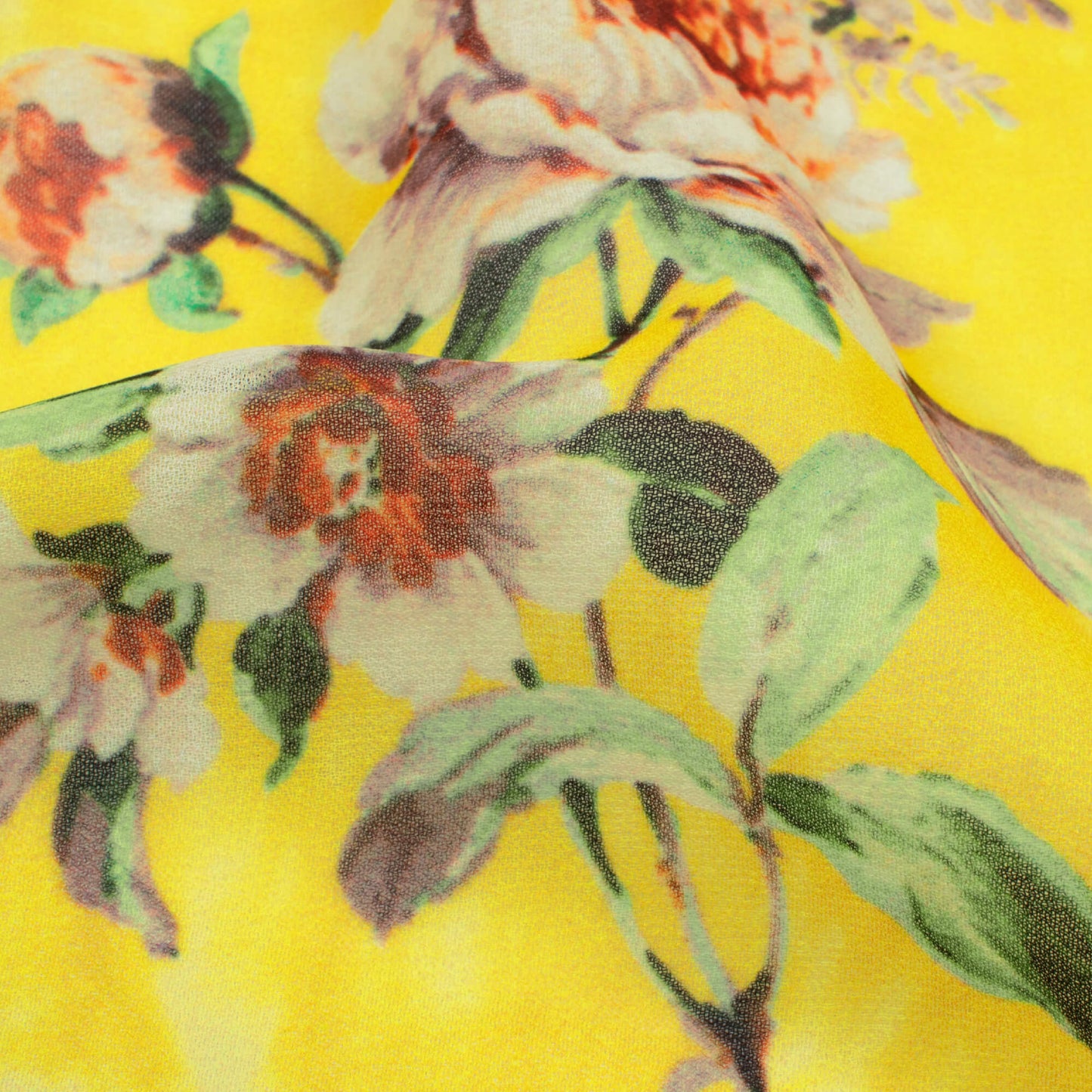 Bright Yellow And Green Floral Pattern Digital Print Georgette Fabric - Fabcurate