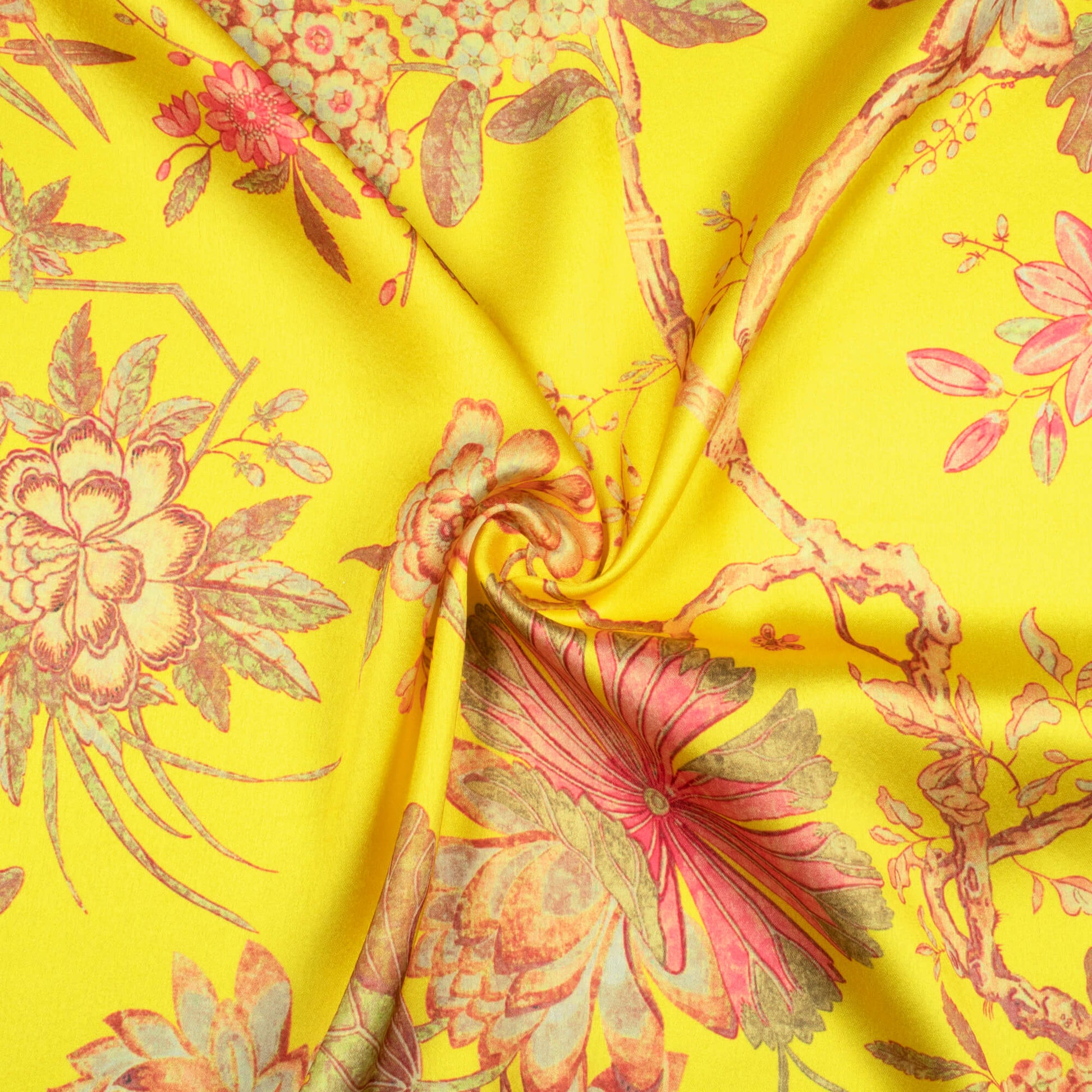 Bumblebee Yellow And Pink Floral Pattern Digital Print Japan Satin Fabric - Fabcurate