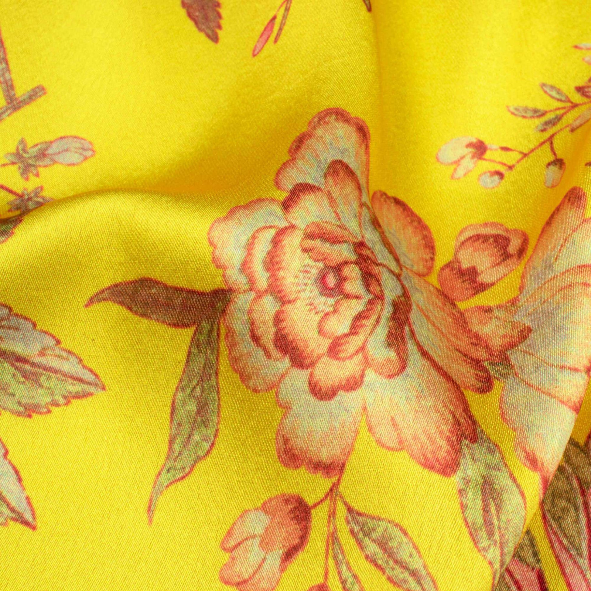 Bumblebee Yellow And Pink Floral Pattern Digital Print Japan Satin Fabric - Fabcurate