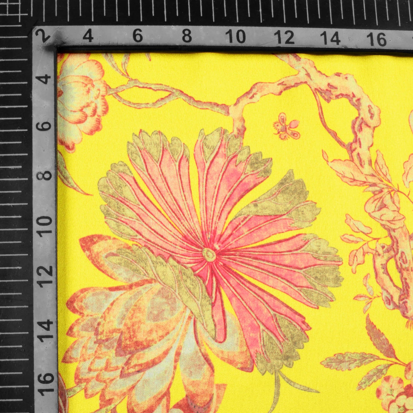 Bumblebee Yellow And Pink Floral Pattern Digital Print Japan Satin Fabric - Fabcurate