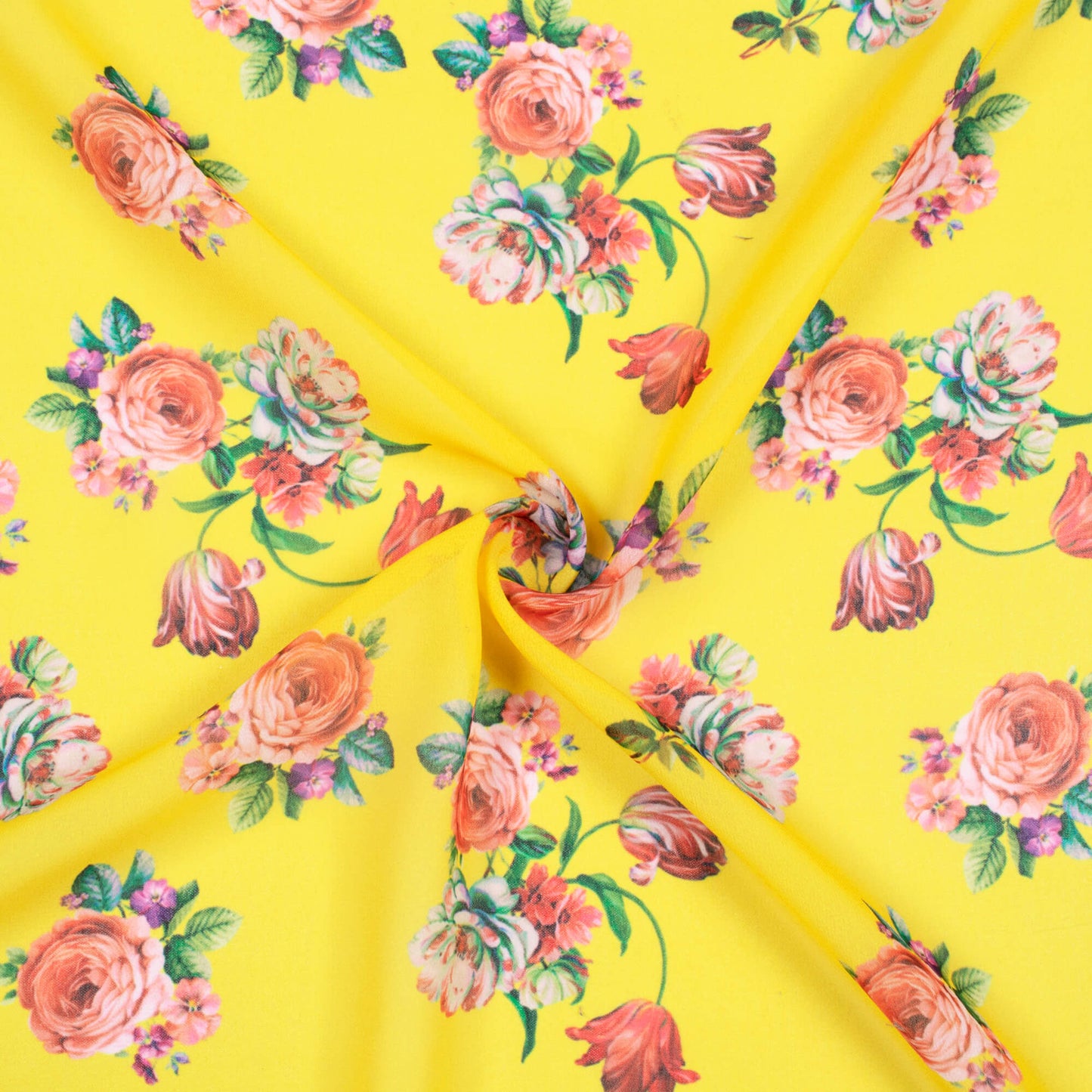 Bright Yellow And Pink Floral Pattern Digital Print Georgette Fabric - Fabcurate