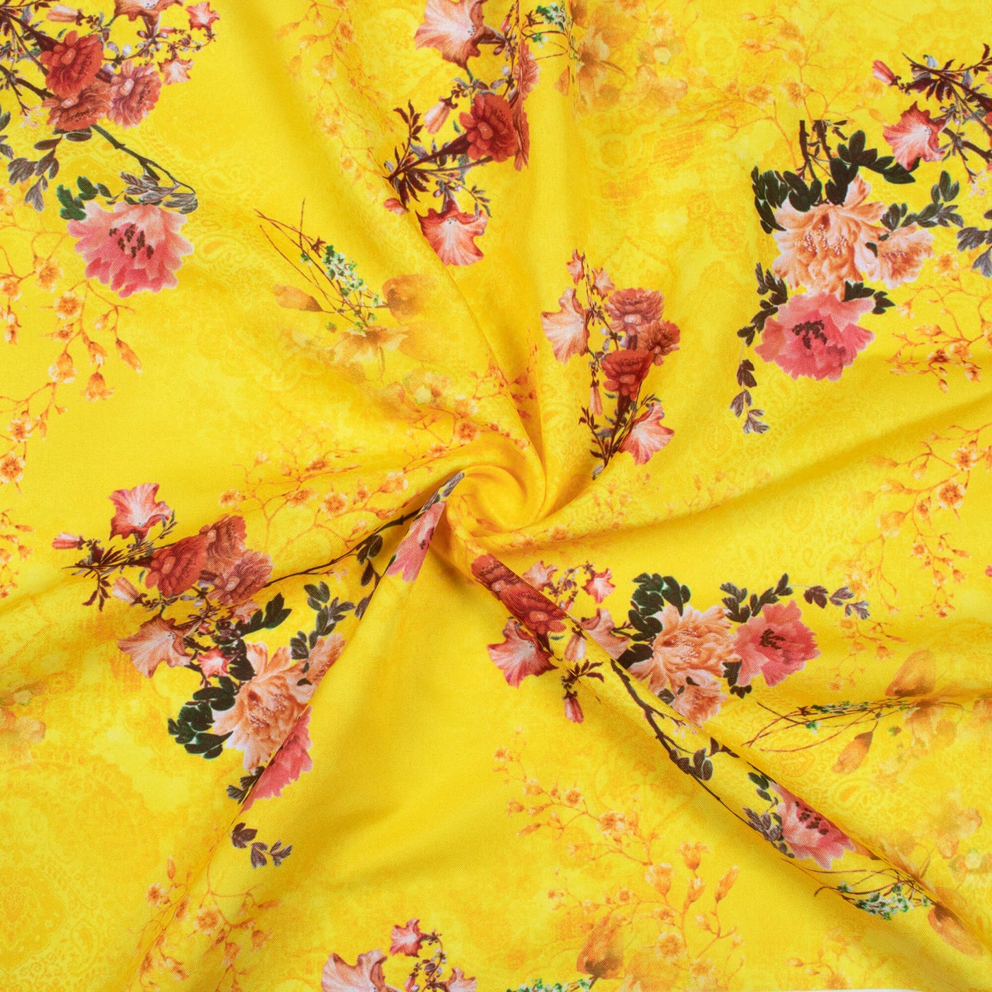 Bright Yellow And Punch Pink Floral Pattern Digital Print Ultra Premium Butter Crepe Fabric - Fabcurate