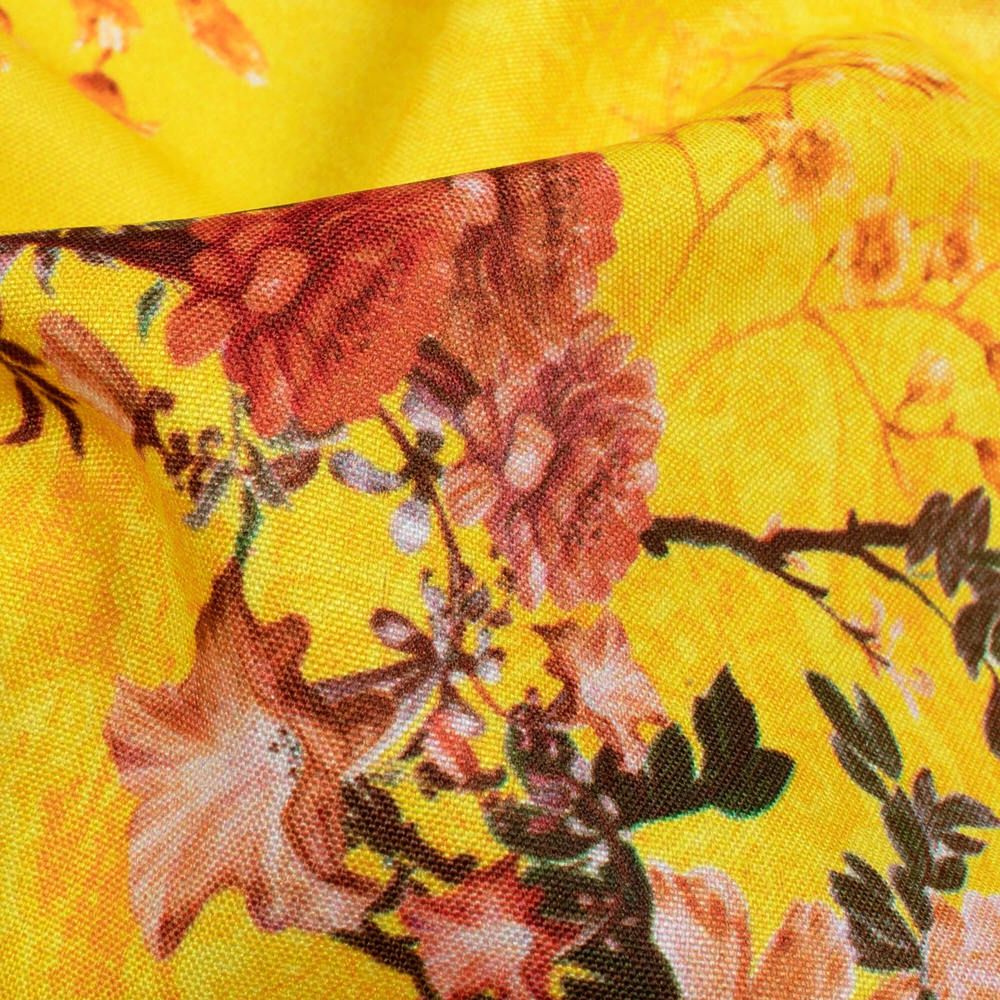 Bright Yellow And Punch Pink Floral Pattern Digital Print Ultra Premium Butter Crepe Fabric - Fabcurate