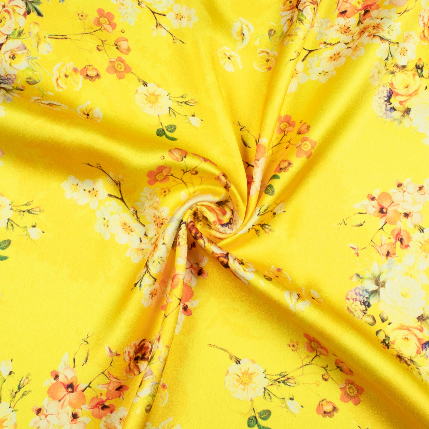 Bumblebee Yellow And White Floral Pattern Digital Print Japan Satin Fabric - Fabcurate