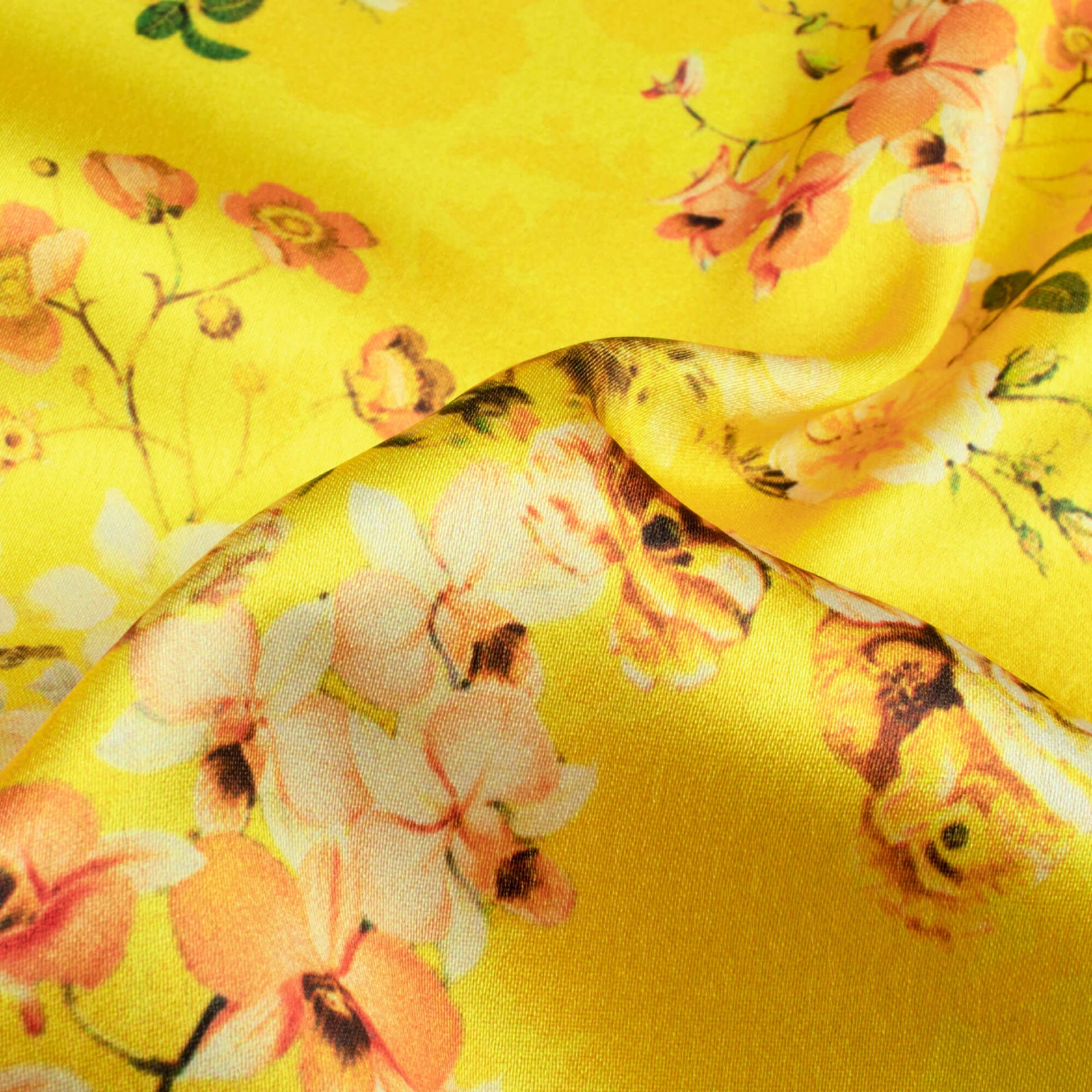 Bumblebee Yellow And White Floral Pattern Digital Print Japan Satin Fabric - Fabcurate