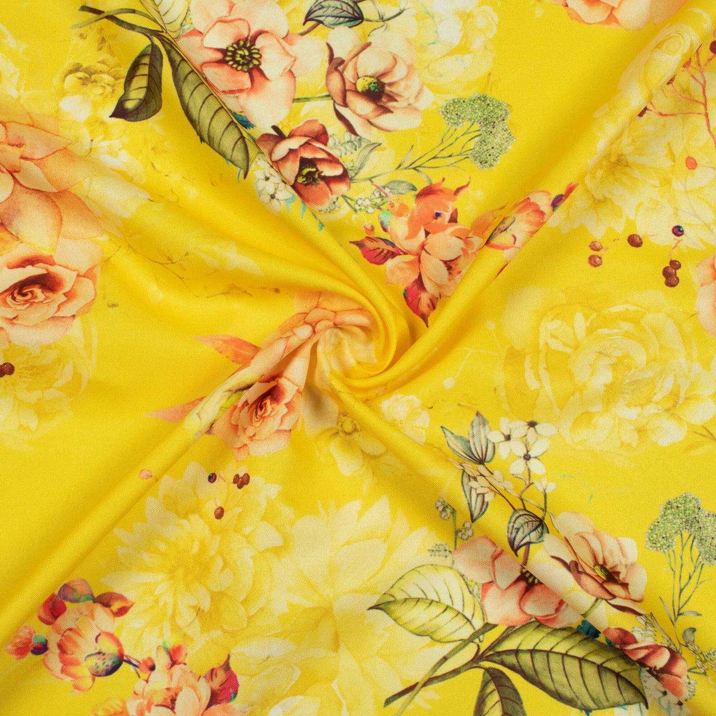 Bright Yellow And Peach Floral Pattern Digital Print Ultra Premium Butter Crepe Fabric - Fabcurate