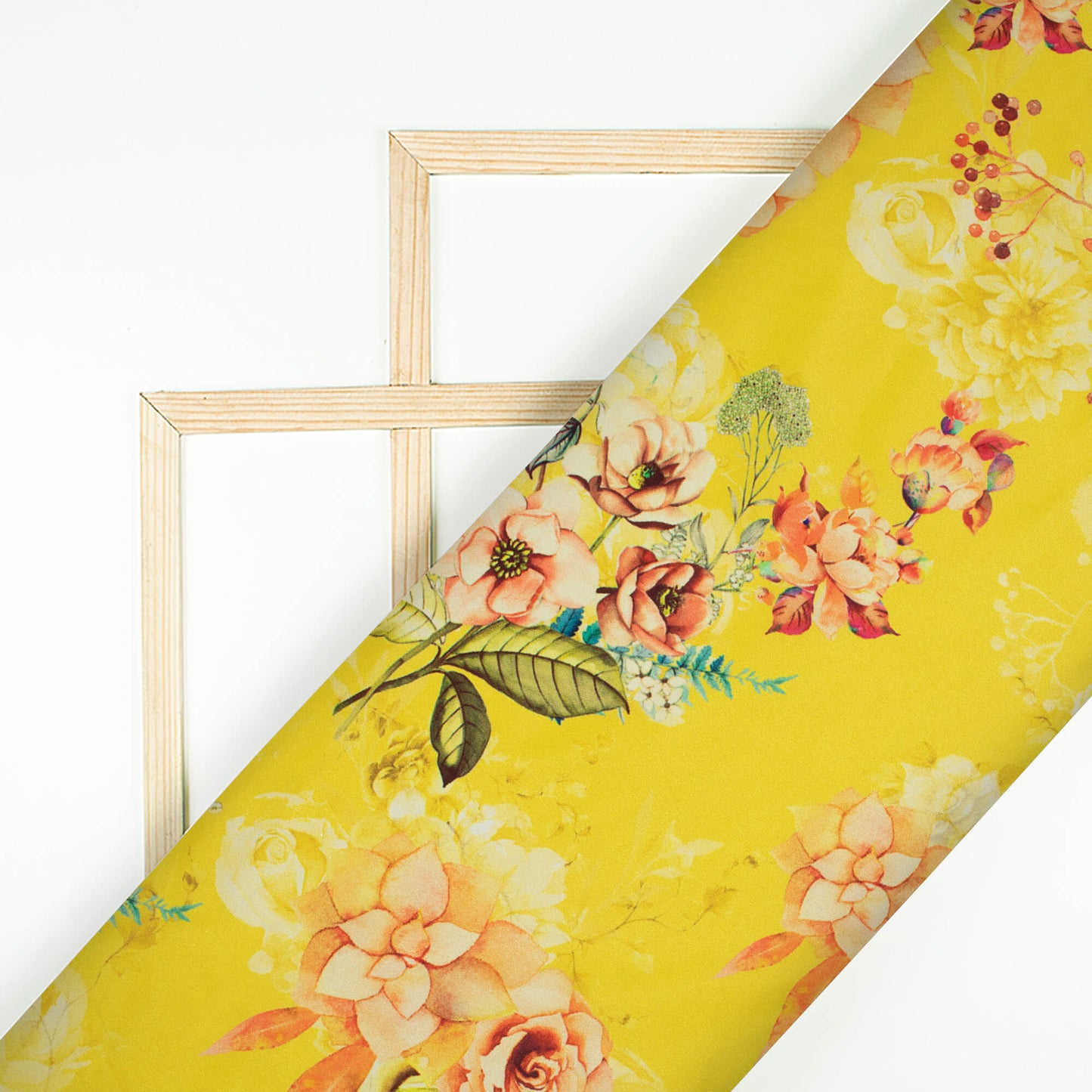 Bright Yellow And Peach Floral Pattern Digital Print Ultra Premium Butter Crepe Fabric - Fabcurate