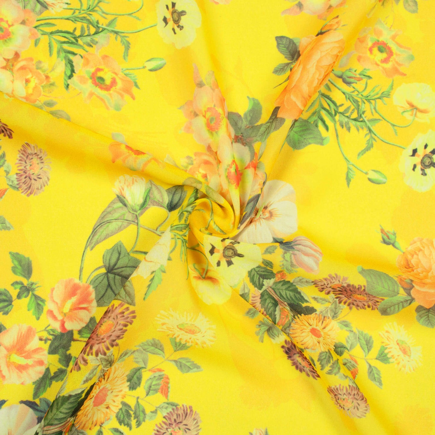 Bright Yellow And Peach Floral Pattern Digital Print Georgette Fabric