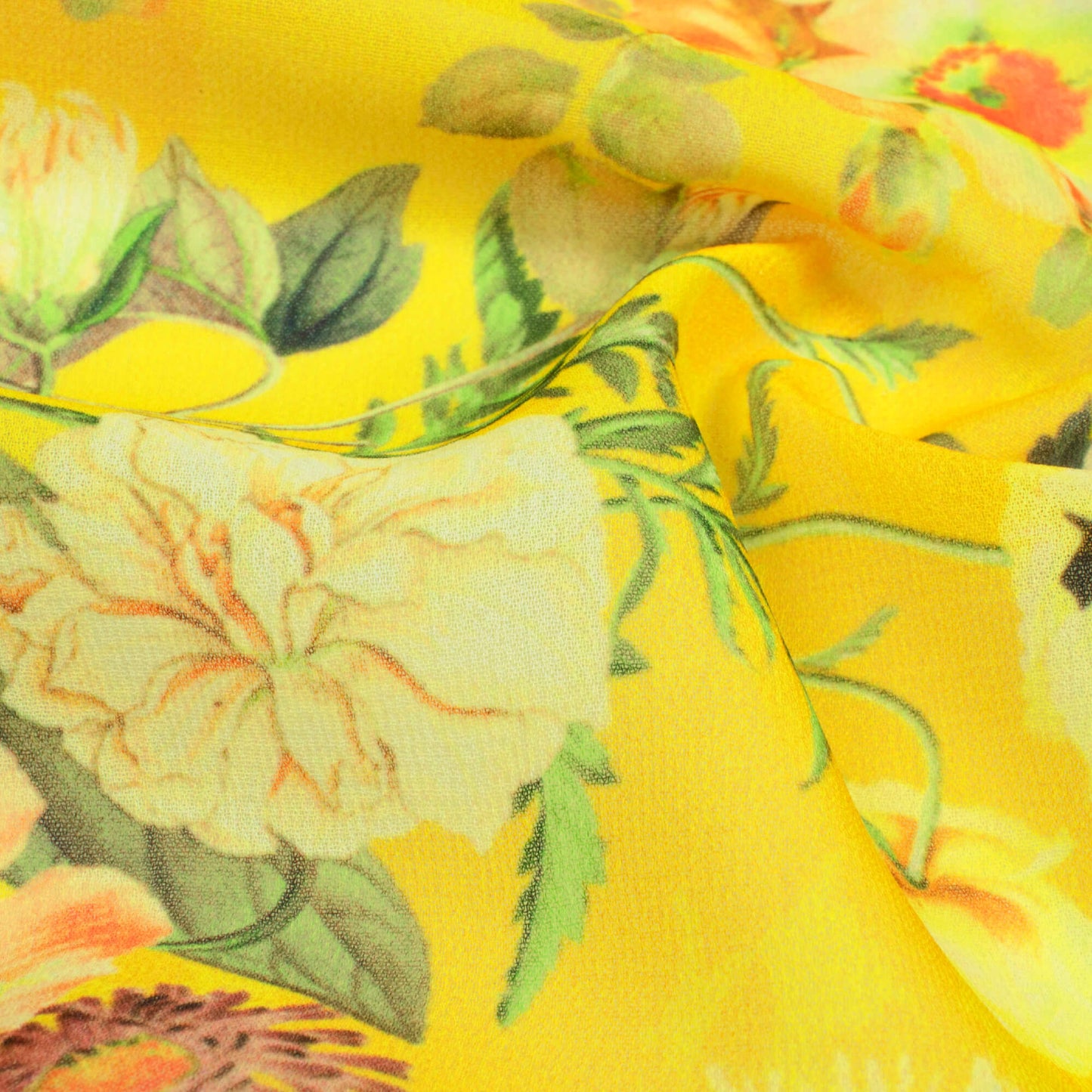 Bright Yellow And Peach Floral Pattern Digital Print Georgette Fabric