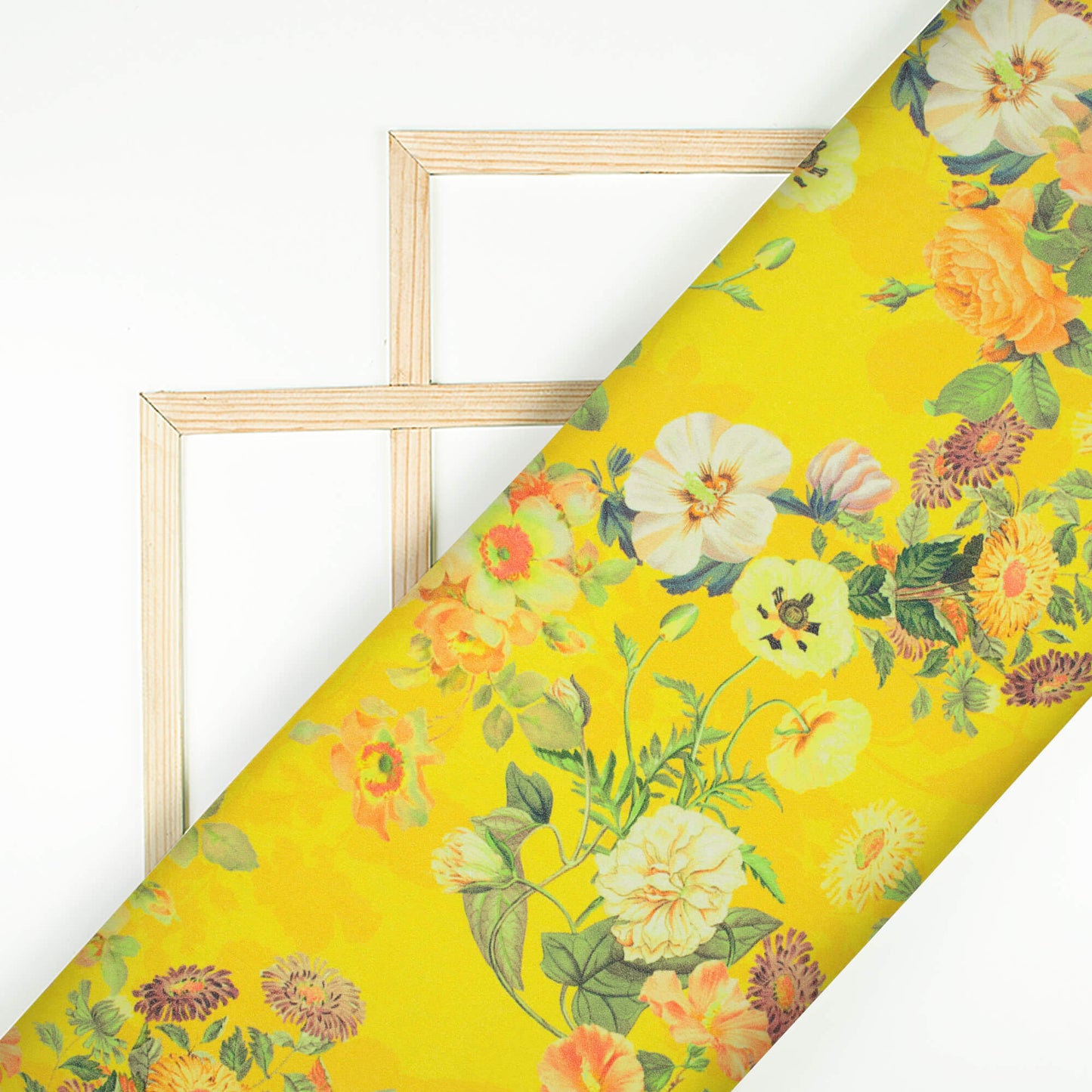 Bright Yellow And Peach Floral Pattern Digital Print Georgette Fabric