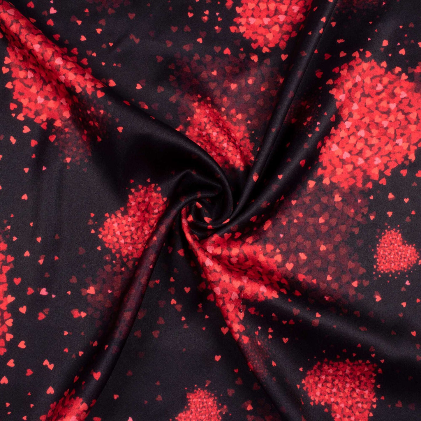 Black And Cherry Red Heart Pattern Digital Print Japan Satin Fabric - Fabcurate