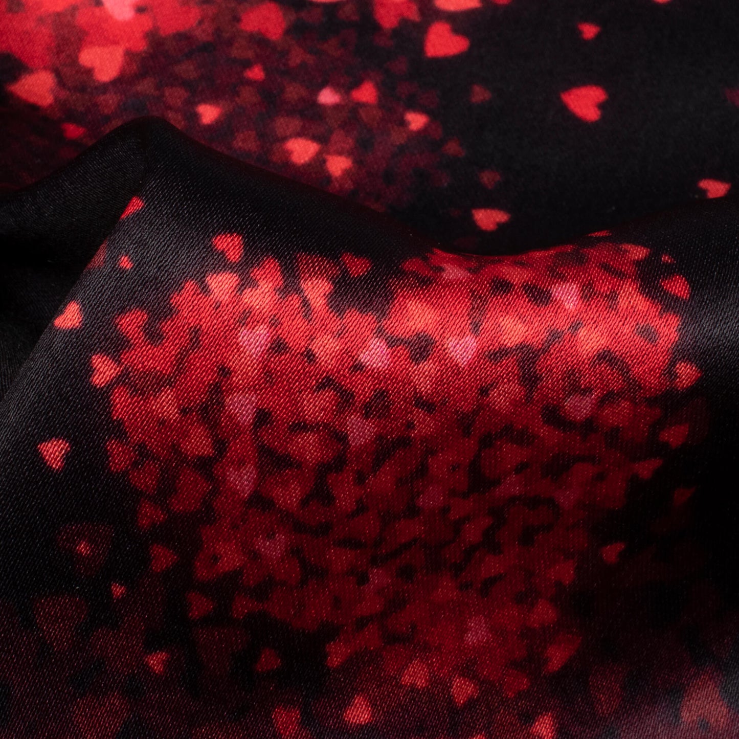 Black And Cherry Red Heart Pattern Digital Print Japan Satin Fabric - Fabcurate