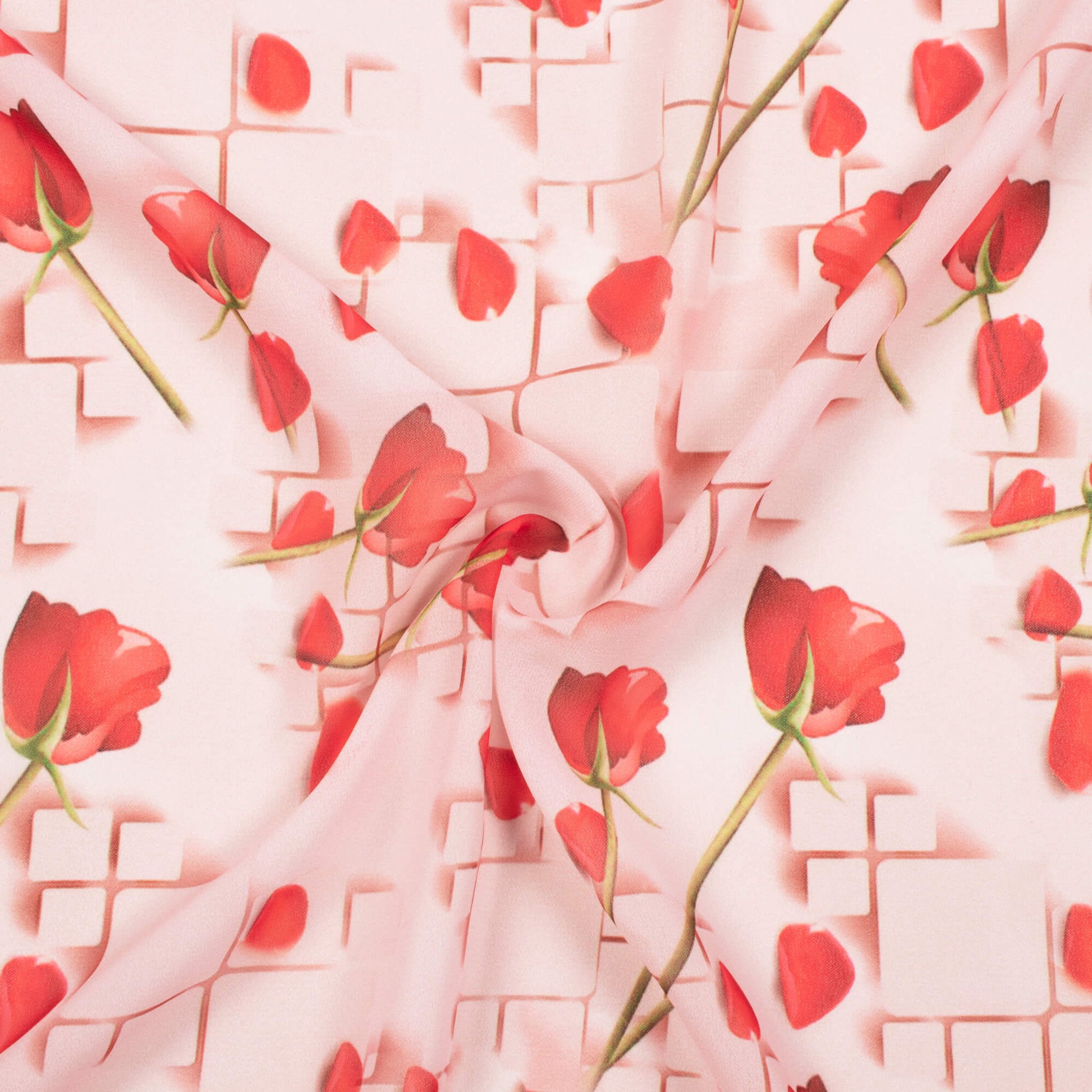 Peach And Rose Red Floral Pattern Digital Print Georgette Fabric - Fabcurate