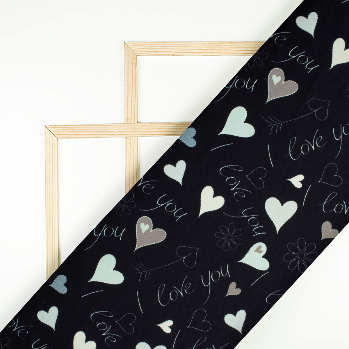 Black And Cream Heart Pattern Digital Print Ultra Premium Butter Crepe Fabric - Fabcurate
