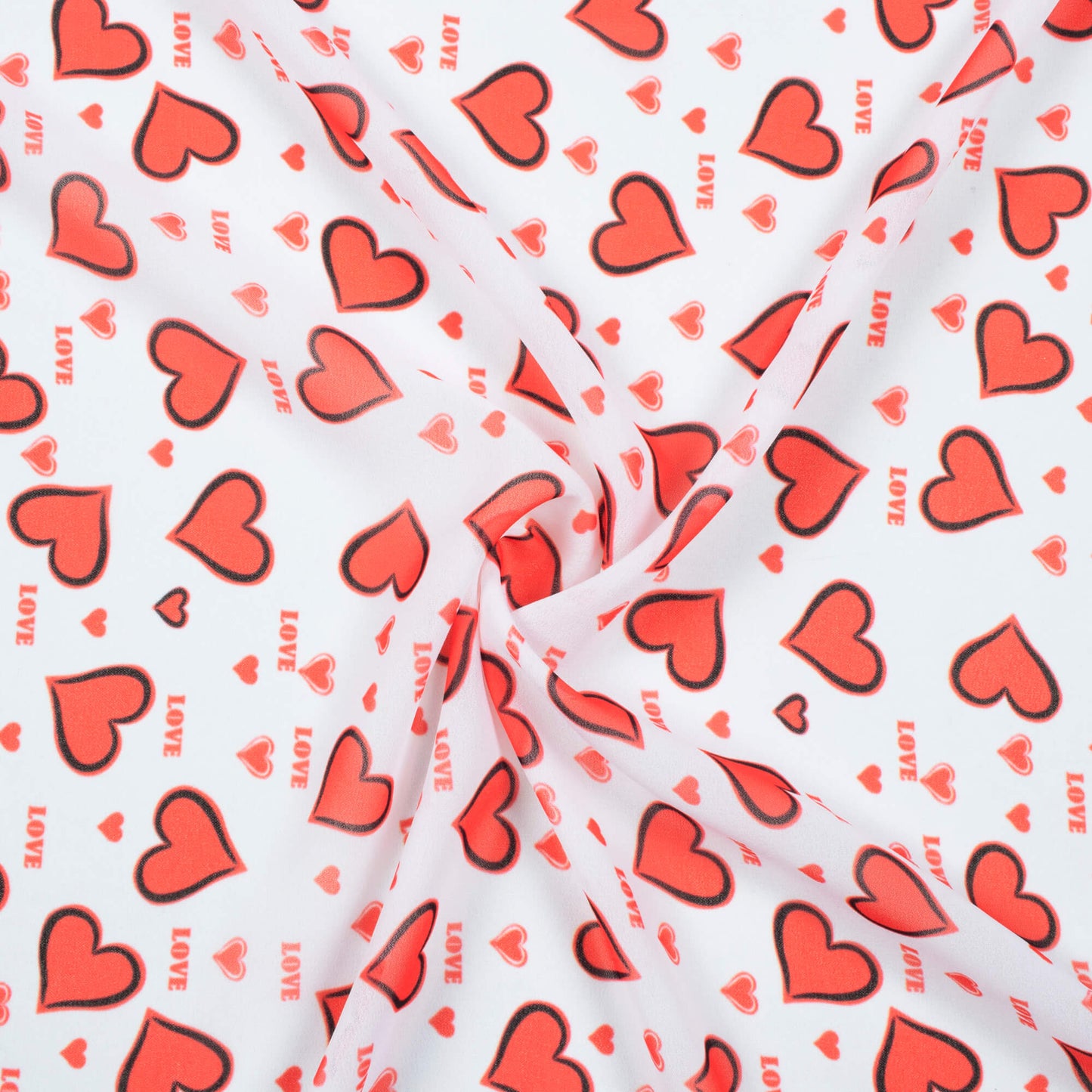 White And Red Heart Pattern Digital Print Georgette Fabric - Fabcurate