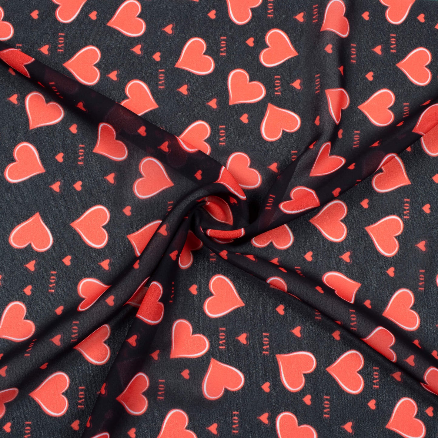 Black And Red Heart Pattern Digital Print Georgette Fabric - Fabcurate