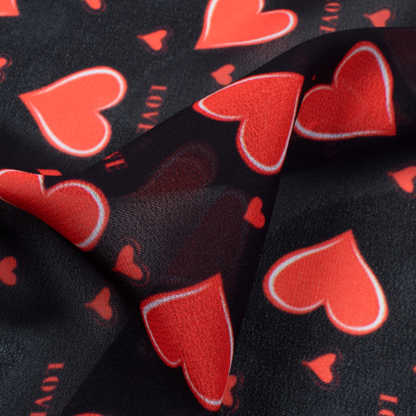 Black And Red Heart Pattern Digital Print Georgette Fabric - Fabcurate