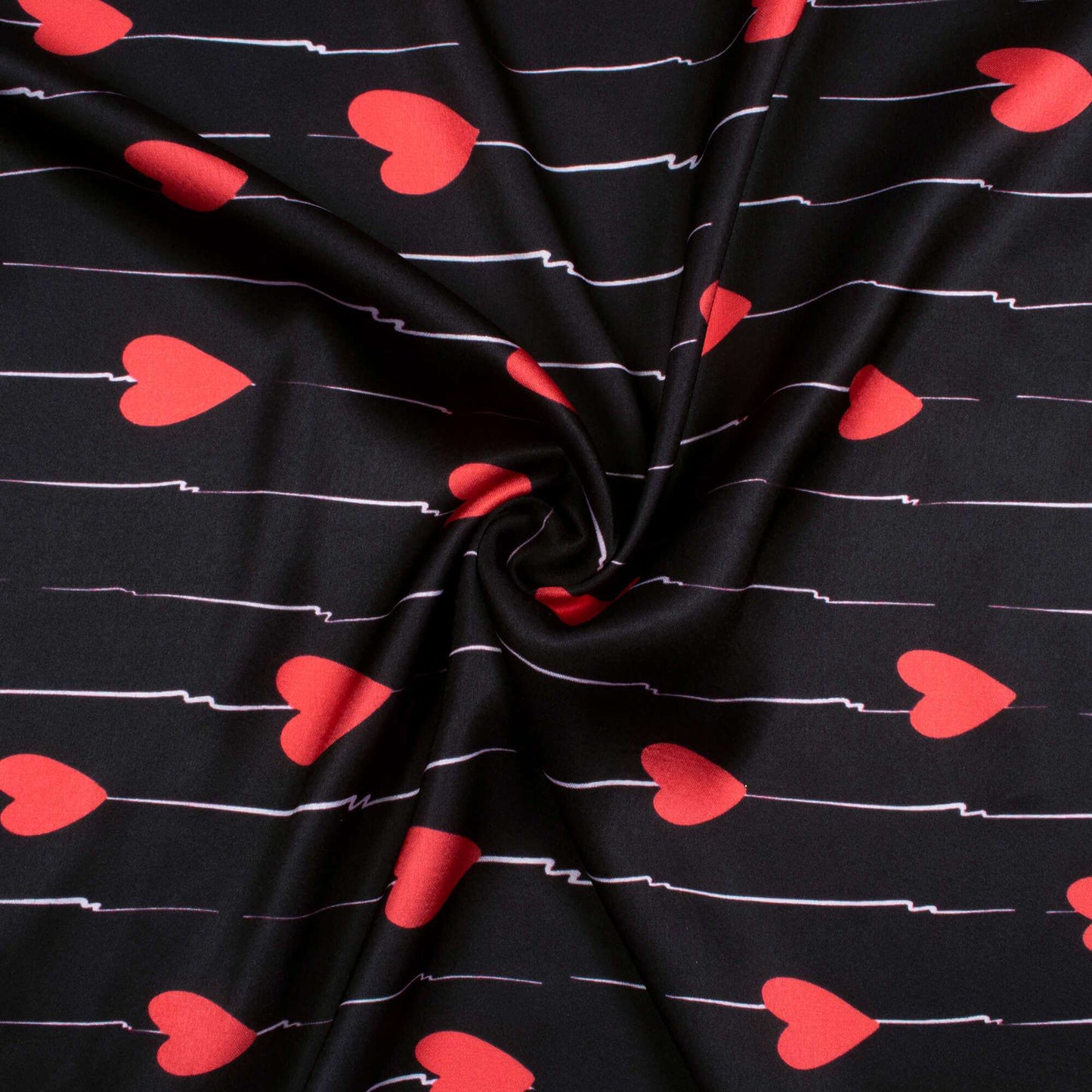 Black And Red Heart Pattern Digital Print Japan Satin Fabric - Fabcurate