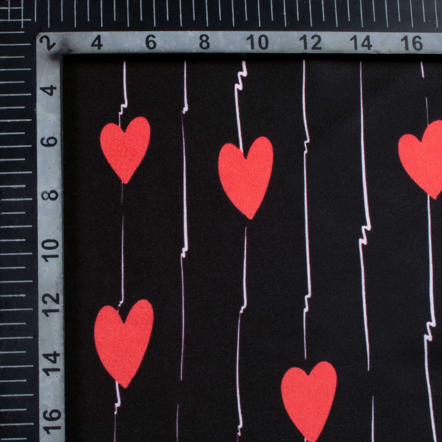 Black And Red Heart Pattern Digital Print Japan Satin Fabric - Fabcurate