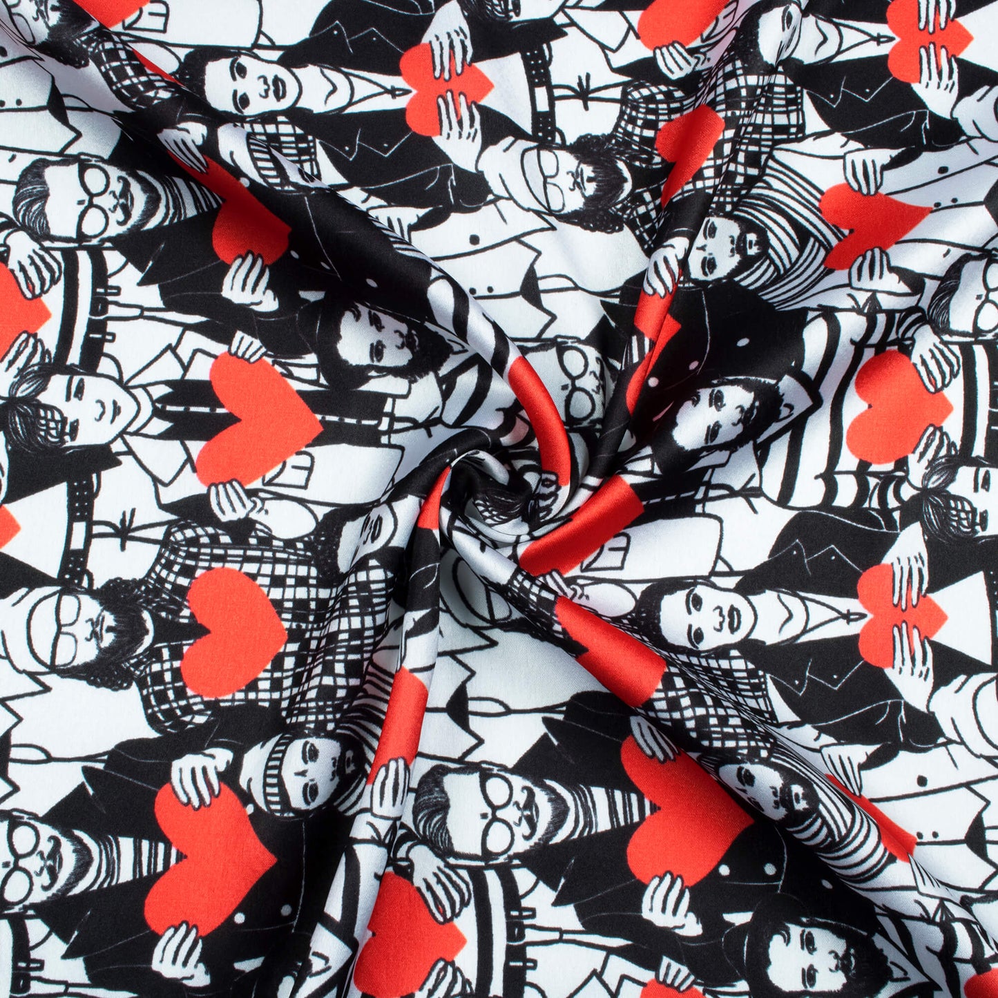 Black And Red Heart Pattern Digital Print Japan Satin Fabric - Fabcurate