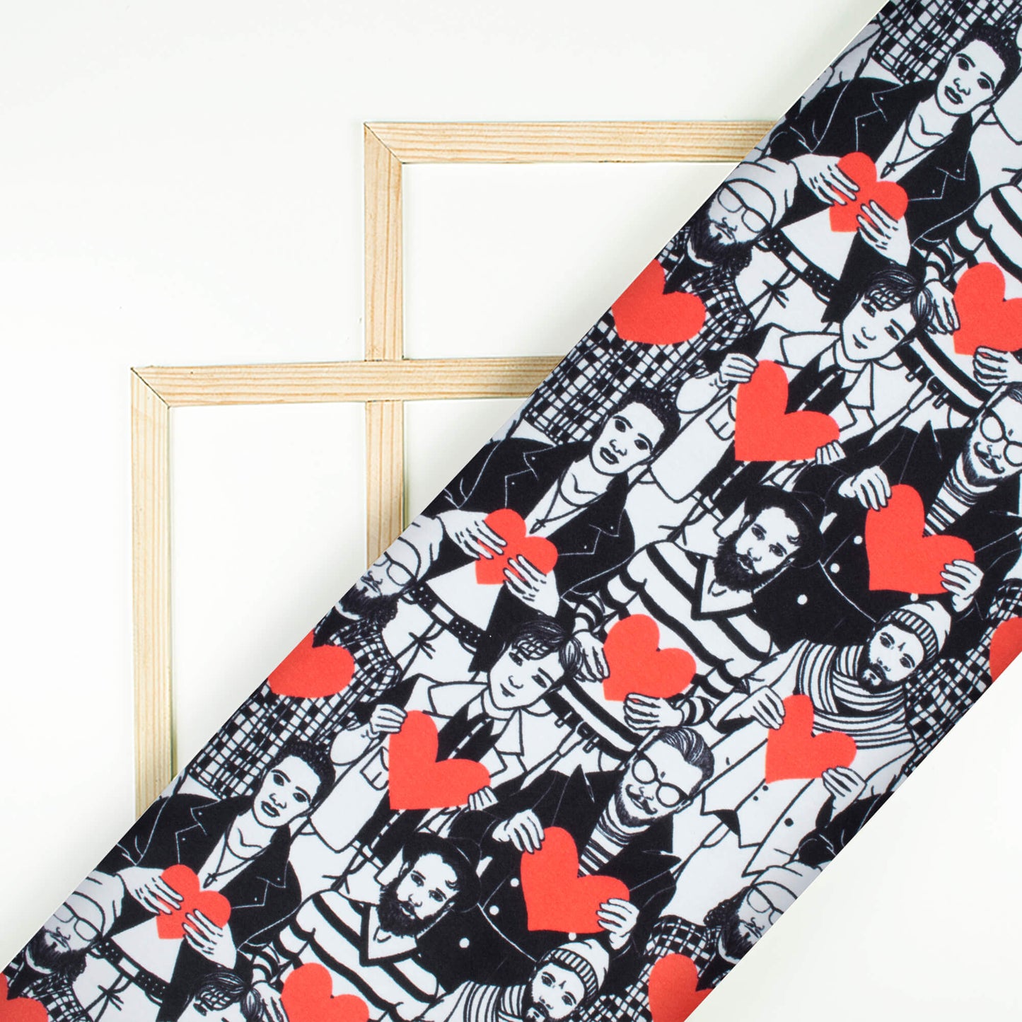 Black And Red Heart Pattern Digital Print Japan Satin Fabric - Fabcurate