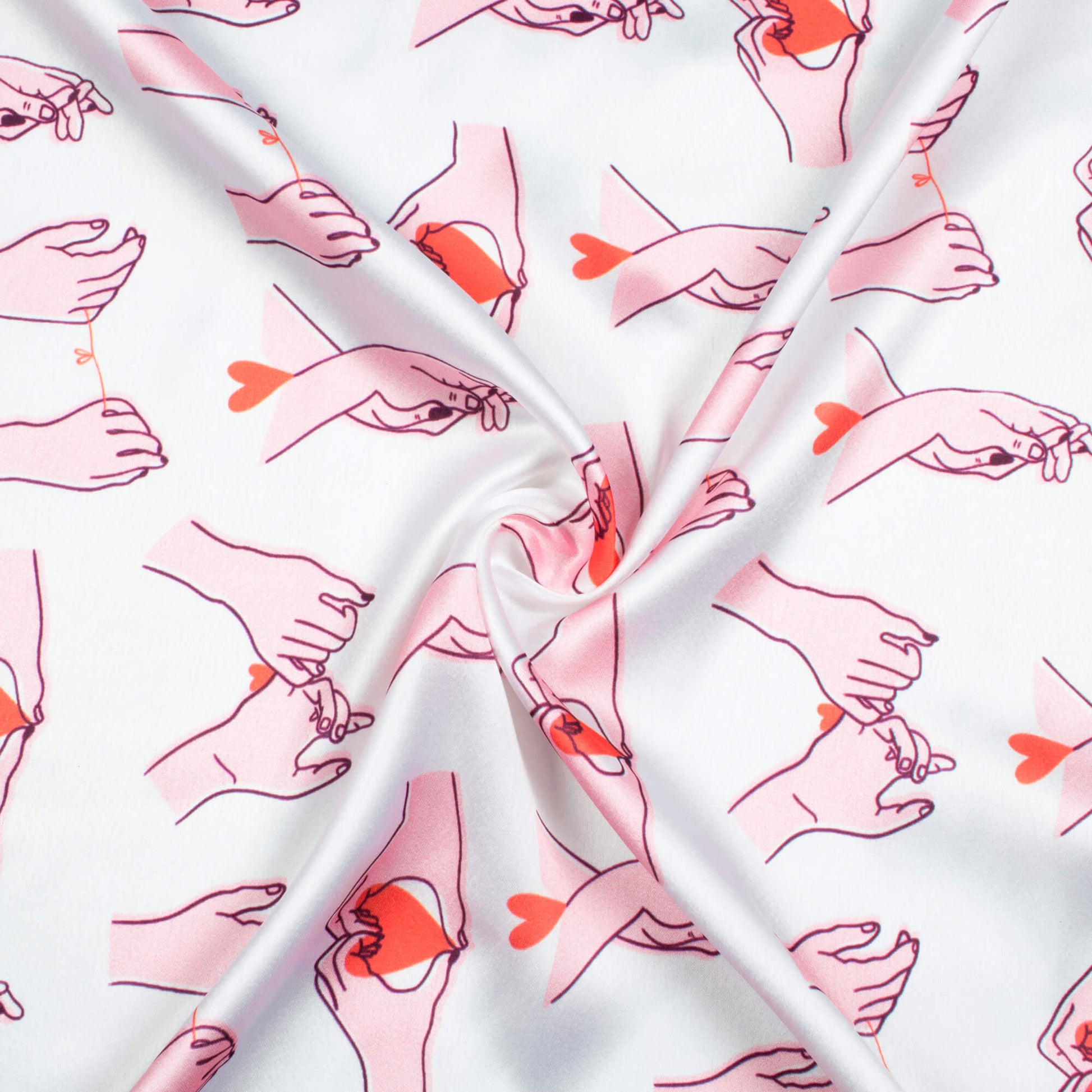 White And Baby Pink Heart Pattern Digital Print Japan Satin Fabric - Fabcurate