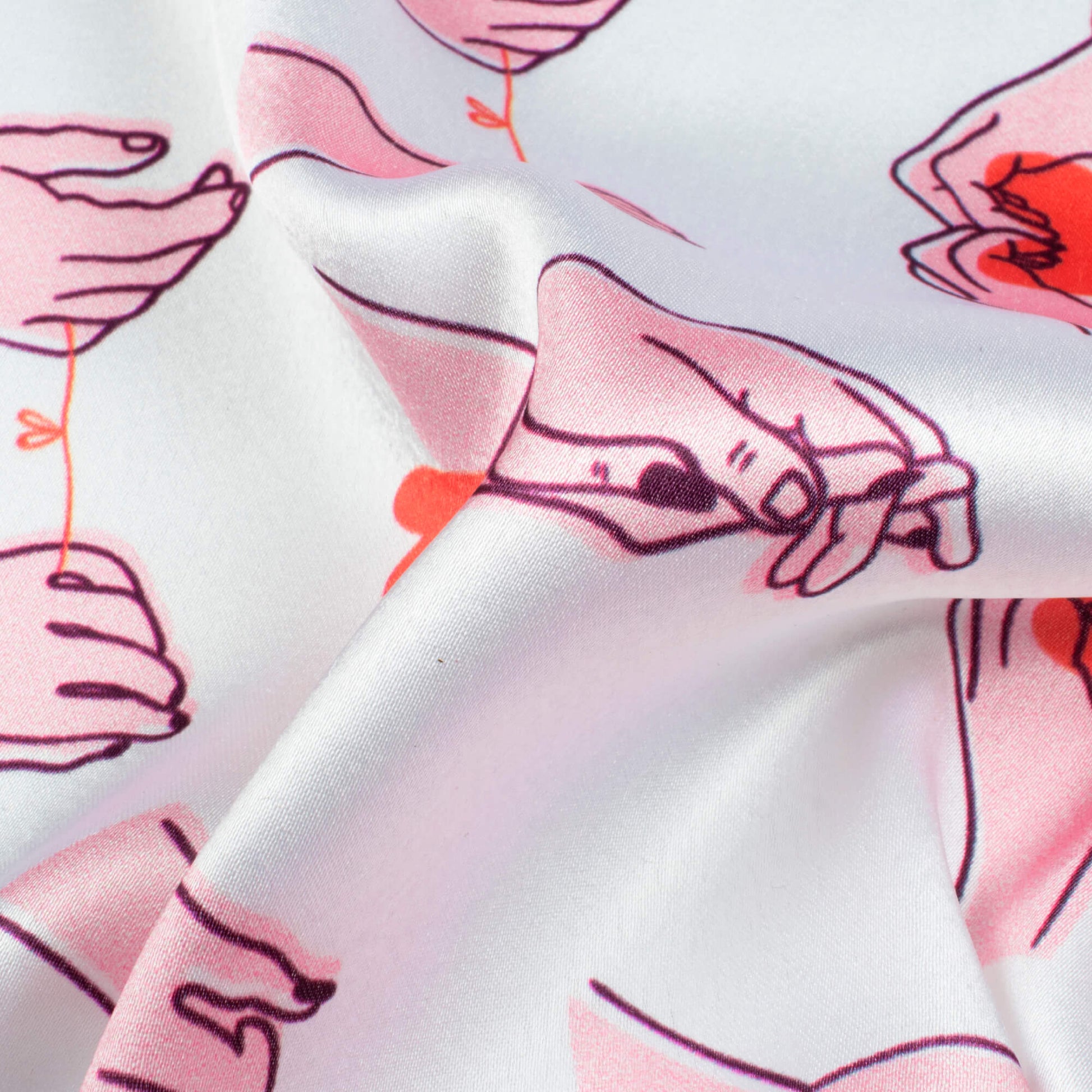 White And Baby Pink Heart Pattern Digital Print Japan Satin Fabric - Fabcurate