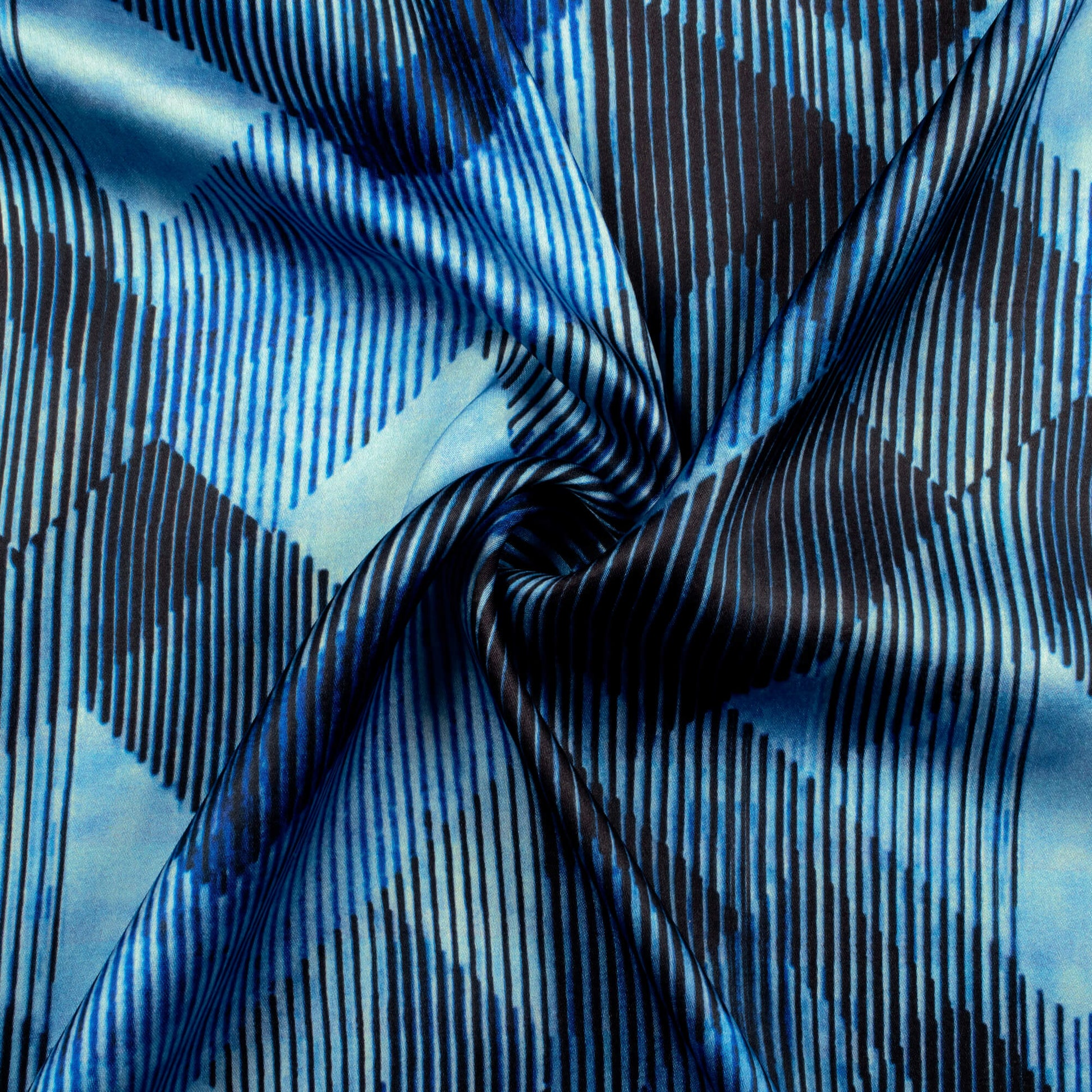 Prussian Blue And Black Chevron Pattern Digital Print Japan Satin Fabric - Fabcurate