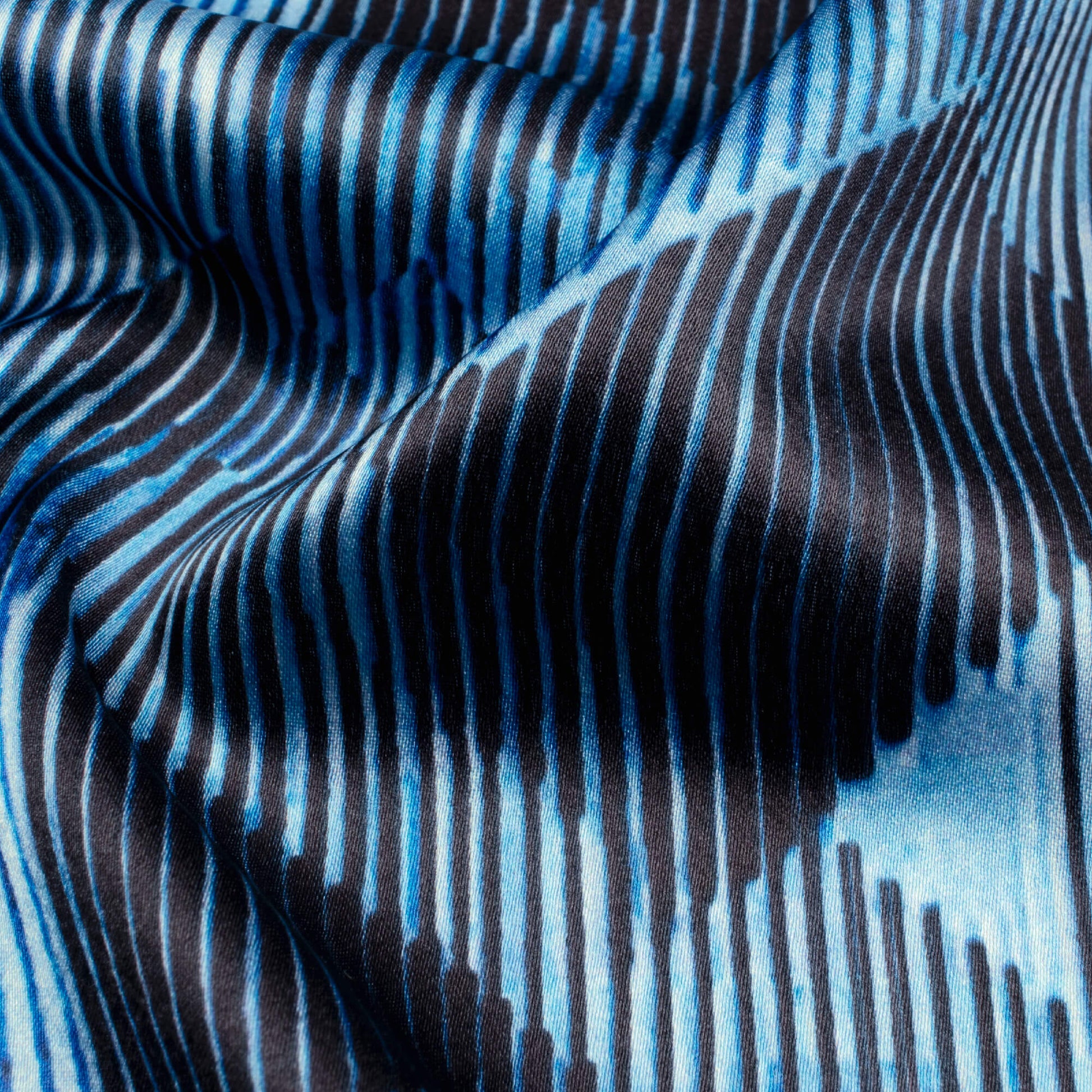 Prussian Blue And Black Chevron Pattern Digital Print Japan Satin Fabric - Fabcurate