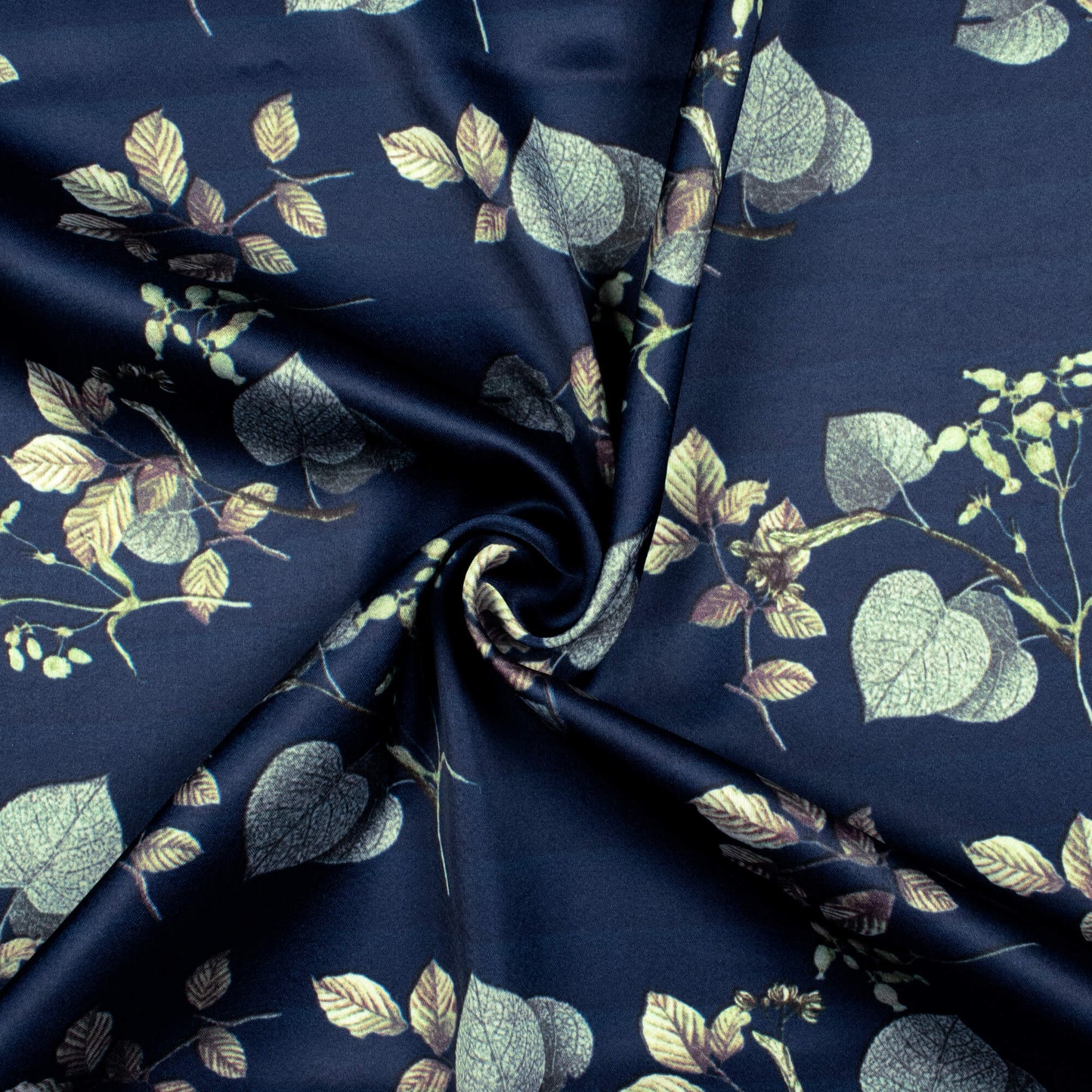 Navy Blue And Beige Leaf Pattern Digital Print Japan Satin Fabric - Fabcurate