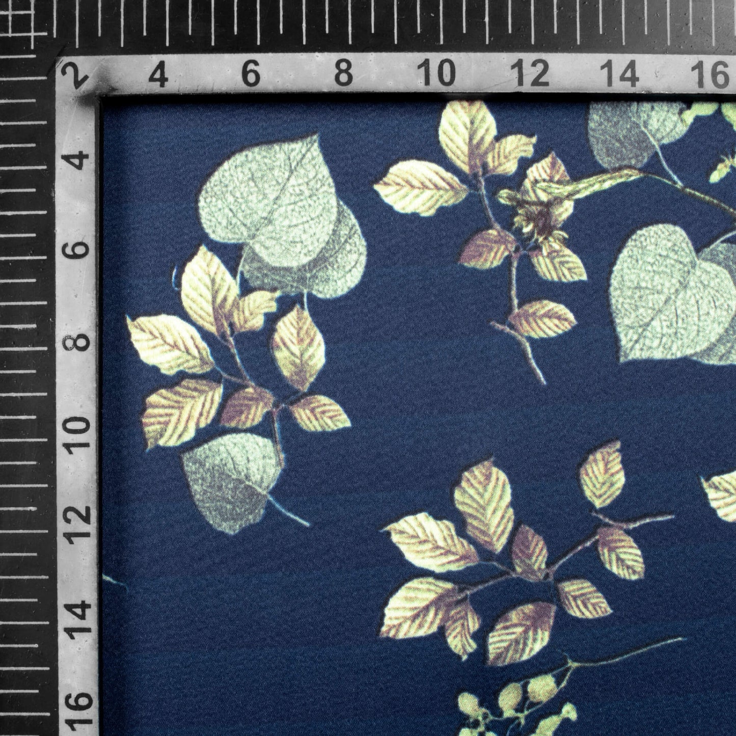 Navy Blue And Beige Leaf Pattern Digital Print Japan Satin Fabric - Fabcurate