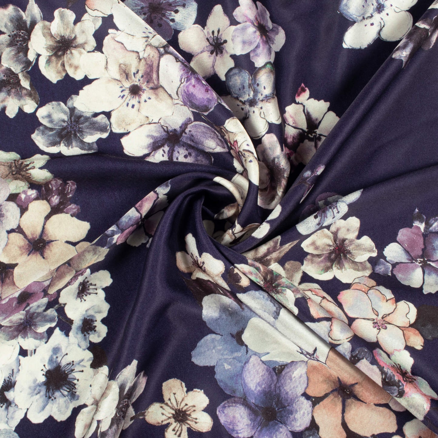 Navy Blue And Off White Floral Pattern Digital Print Japan Satin Fabric