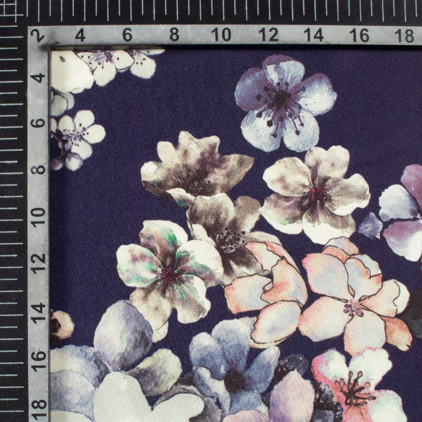 Navy Blue And Off White Floral Pattern Digital Print Japan Satin Fabric