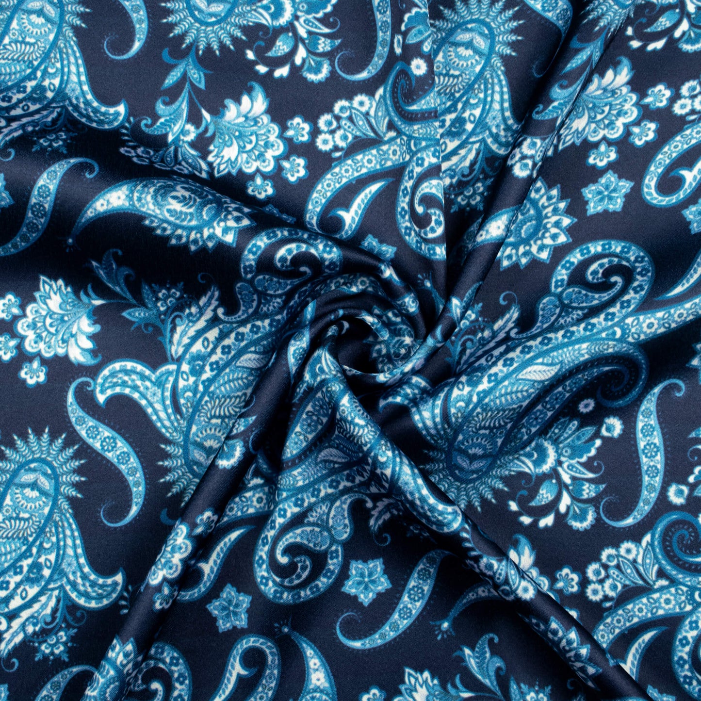 Dark Blue Paisley Pattern Digital Print Japan Satin Fabric - Fabcurate