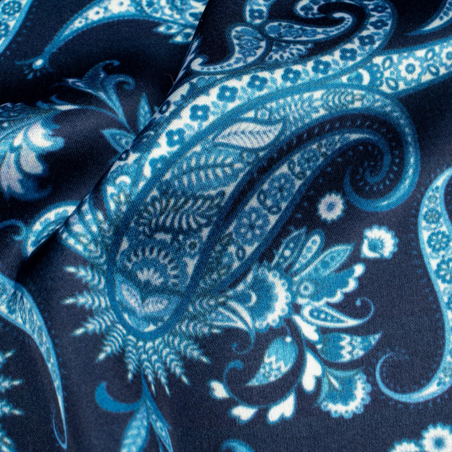 Dark Blue Paisley Pattern Digital Print Japan Satin Fabric - Fabcurate