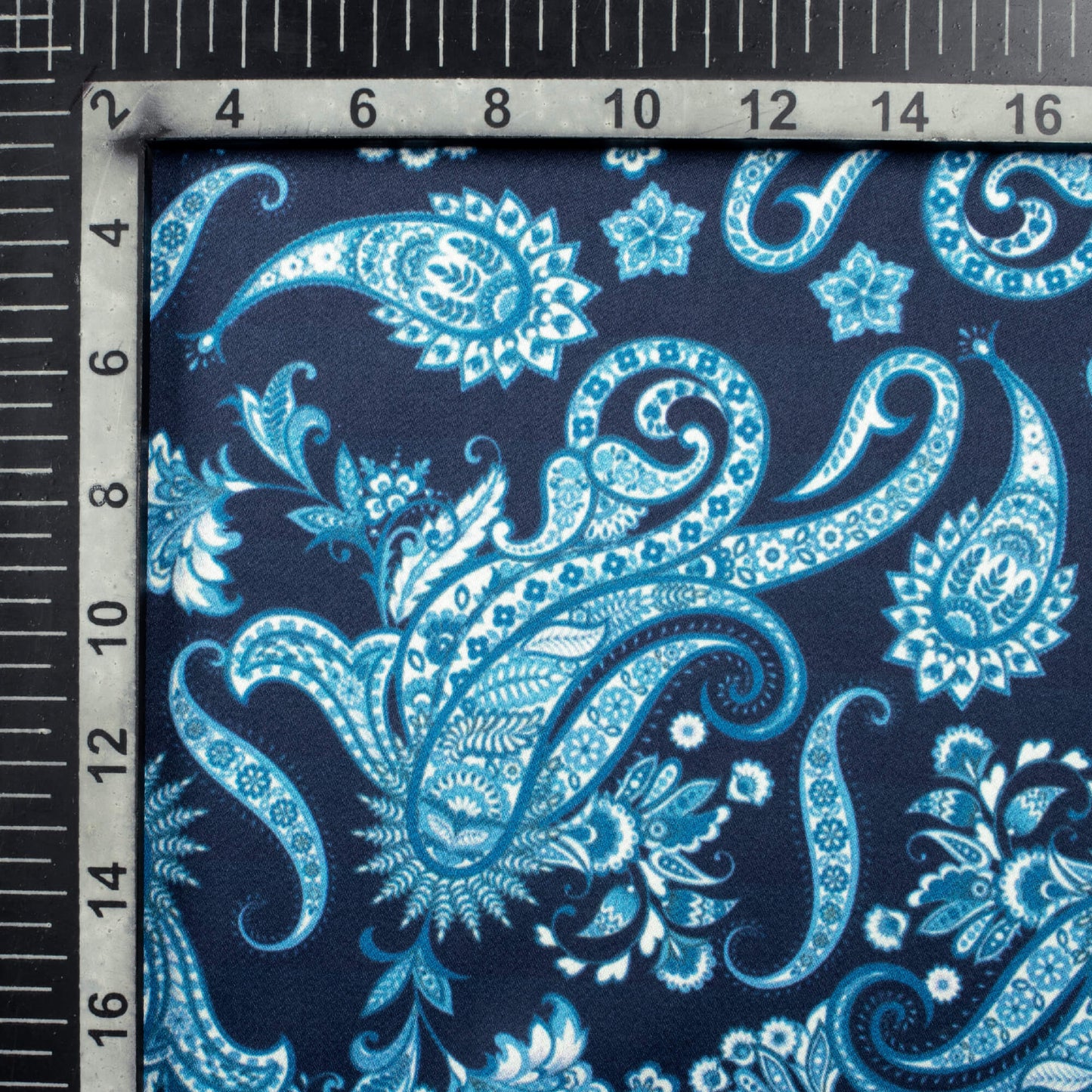 Dark Blue Paisley Pattern Digital Print Japan Satin Fabric - Fabcurate